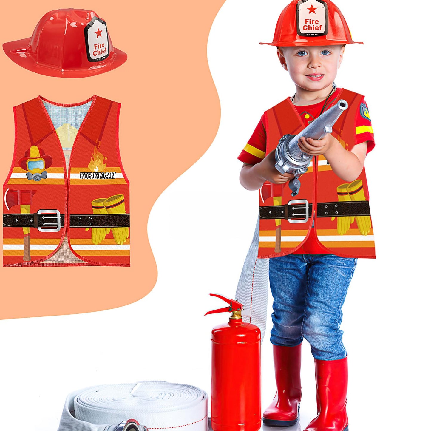 24 Pcs Fireman Costume Set for Kids, Fireman Role Play Party Supplies for Kid Birthday Halloween Role Play Party Dress