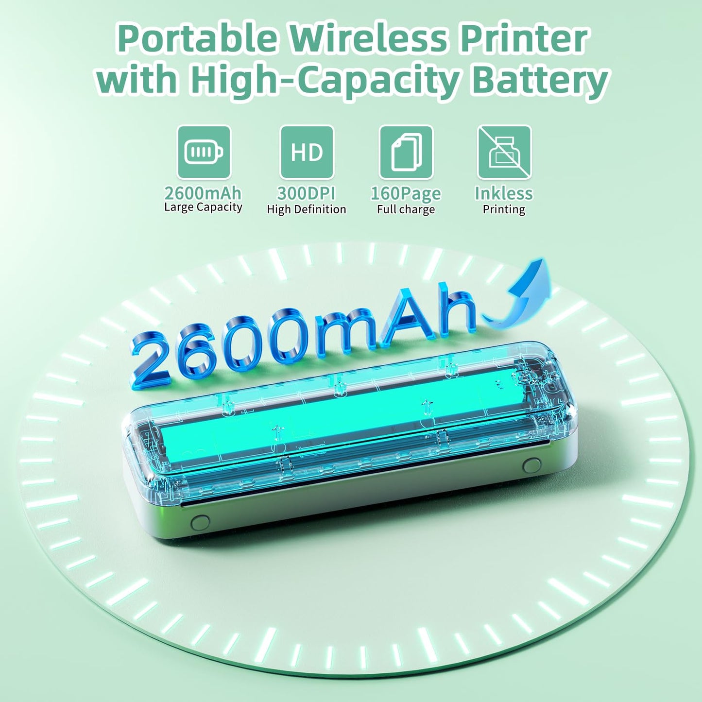 Phomemo M834 Portable Printer Wireless for Travel, Support Multi-Size Thermal Paper,Bluetooth Thermal Printer Compatible with Phone&Laptops,Inkless Printer for Home Use,Office,Green