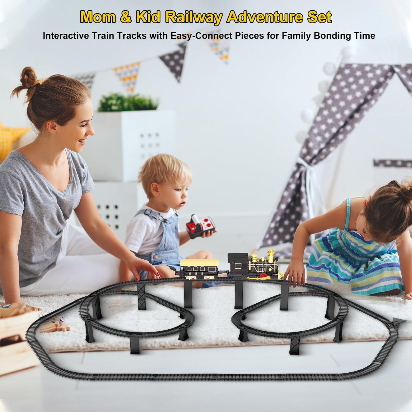 Electric Train Set with 3D Elevated Tracks Music, Locomotive Passenger Carriages, Lights & Quiet Mode Christmas Train for Kids Birthday Gift Holiday Toy for Boys Girls 3 4 5 6 7