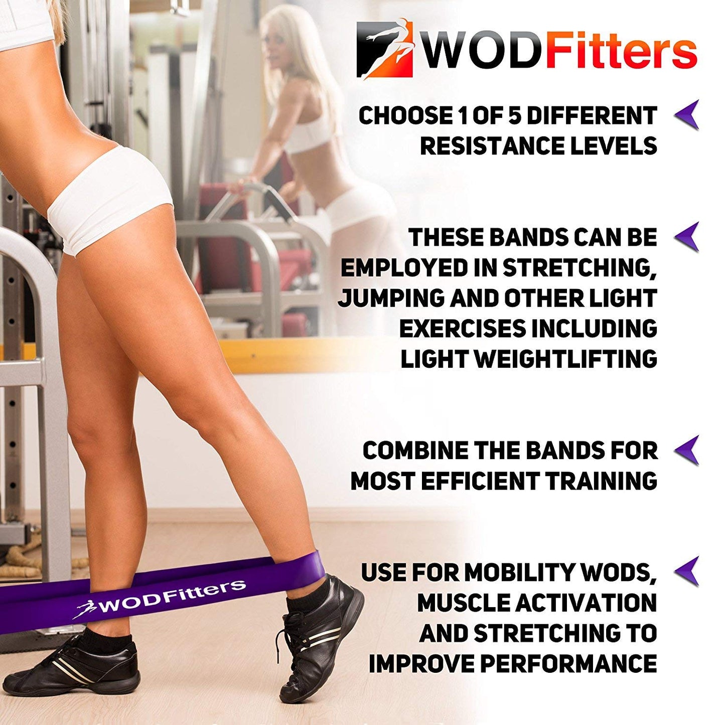 WODFitters Pull Up Assistance Band for Stretching, Mobility Workouts, Warm Up, Recovery, Powerlifting, Home Fitness and Exercise (4 Band Set)
