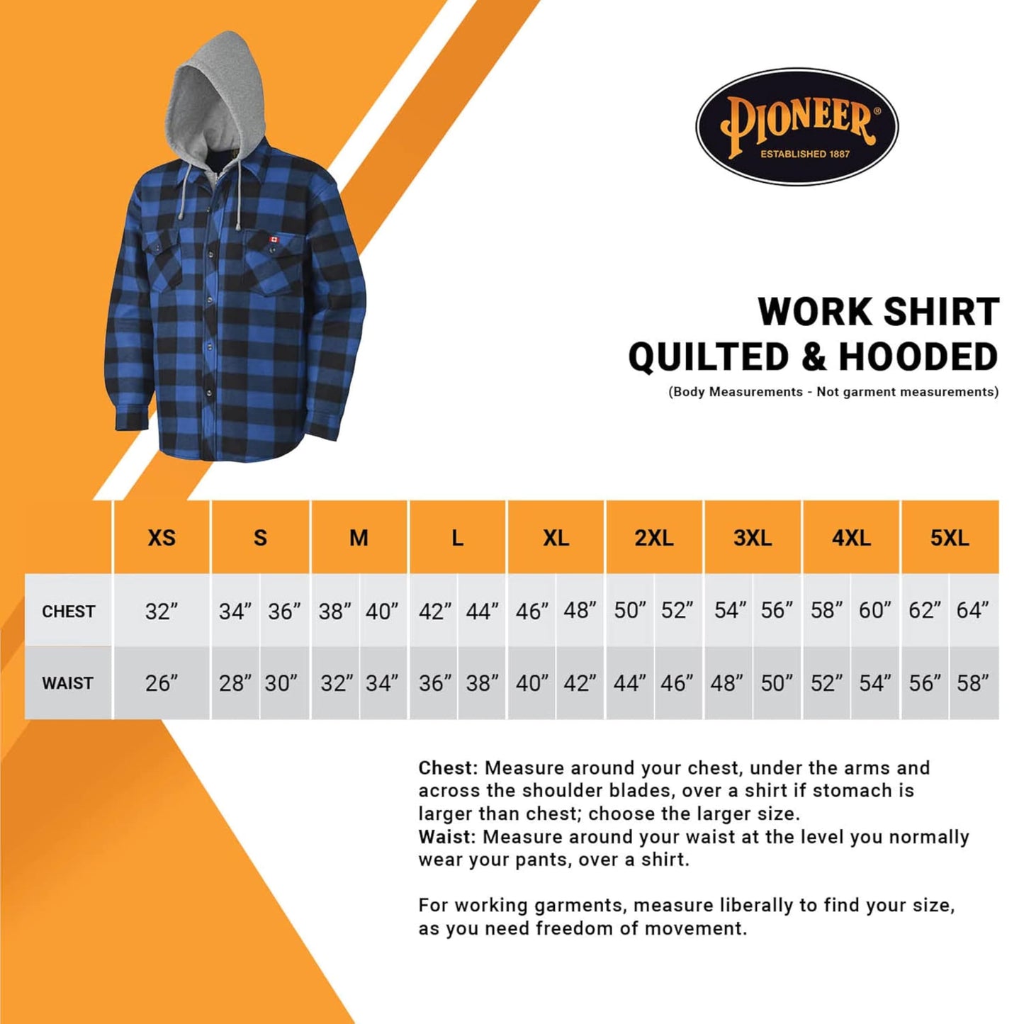 Pioneer Work Shirt – Quilted Fleece Lined Plaid Flannel Button Down Shirt Jacket with Hood for Men, Hidden Zipper Closure, 2 Pockets – Black & Blue