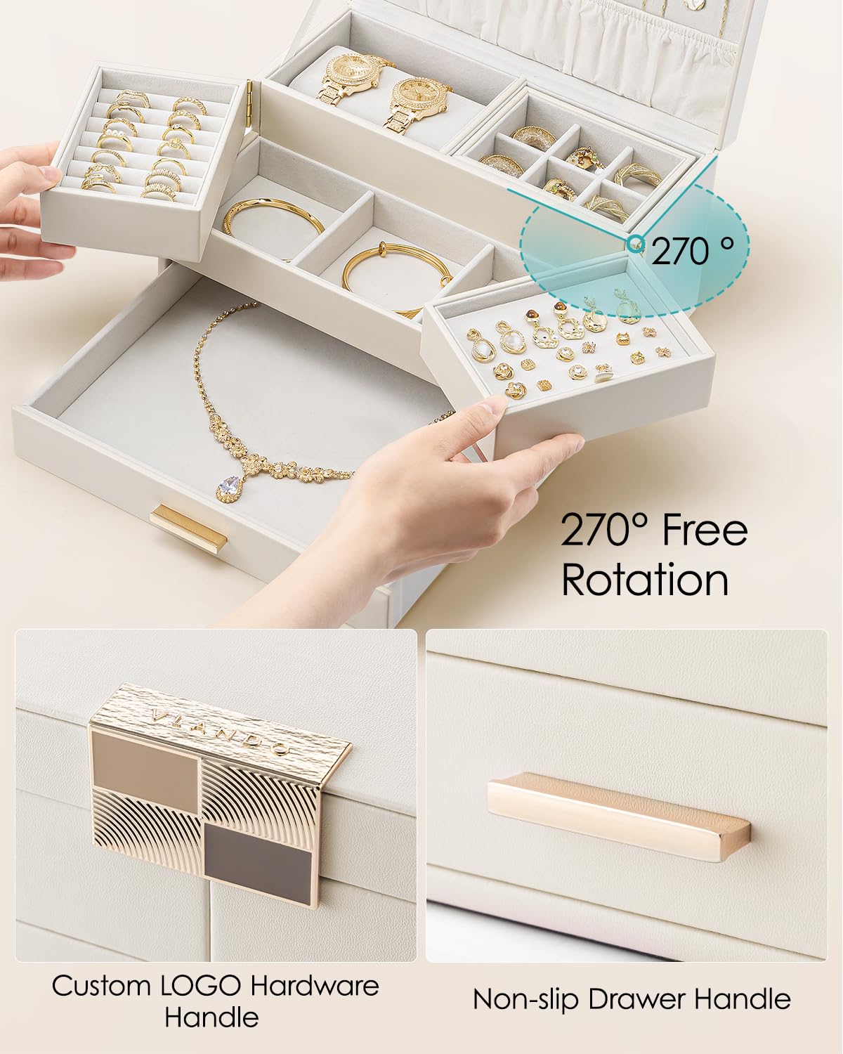 Vlando Jewelry Boxes for Women,3 Layers Jewelry box Organizer With Expandable and Removable Tray,Jewelry Organizer Box for Earring,Ring,Necklace,Bracelets,Beige