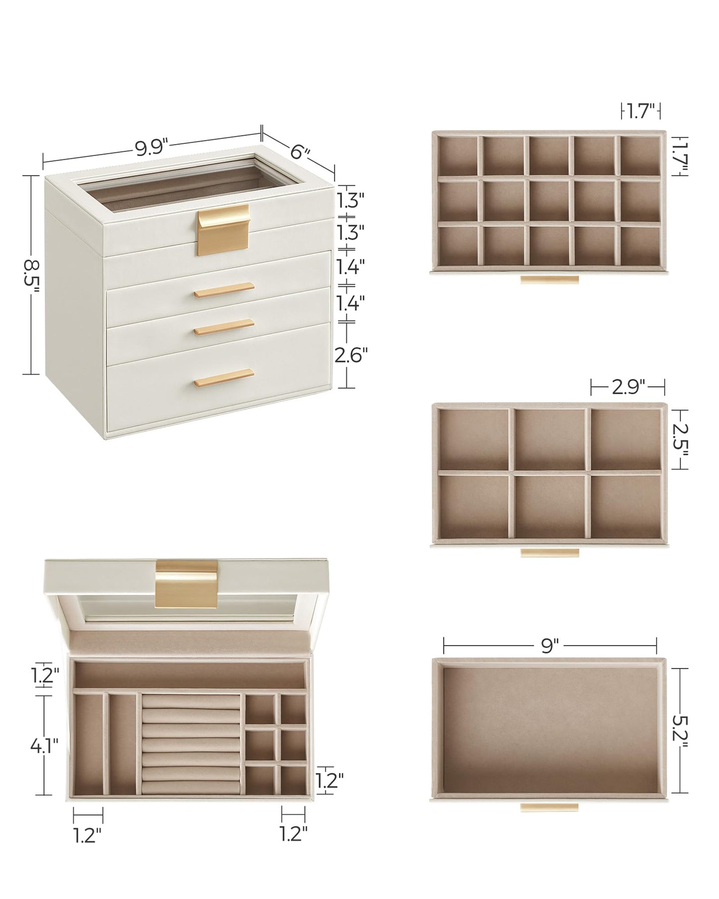 SONGMICS GISELLA Collection - Jewelry Box Organizer, 4-Layer Jewelry Storage with 3 Drawers, Shiny Metal Hardware, Glass Lid, Modern, 15.3 x 25.1 x 21.5 cm, Cloud White and Gold Color UJBC161W01