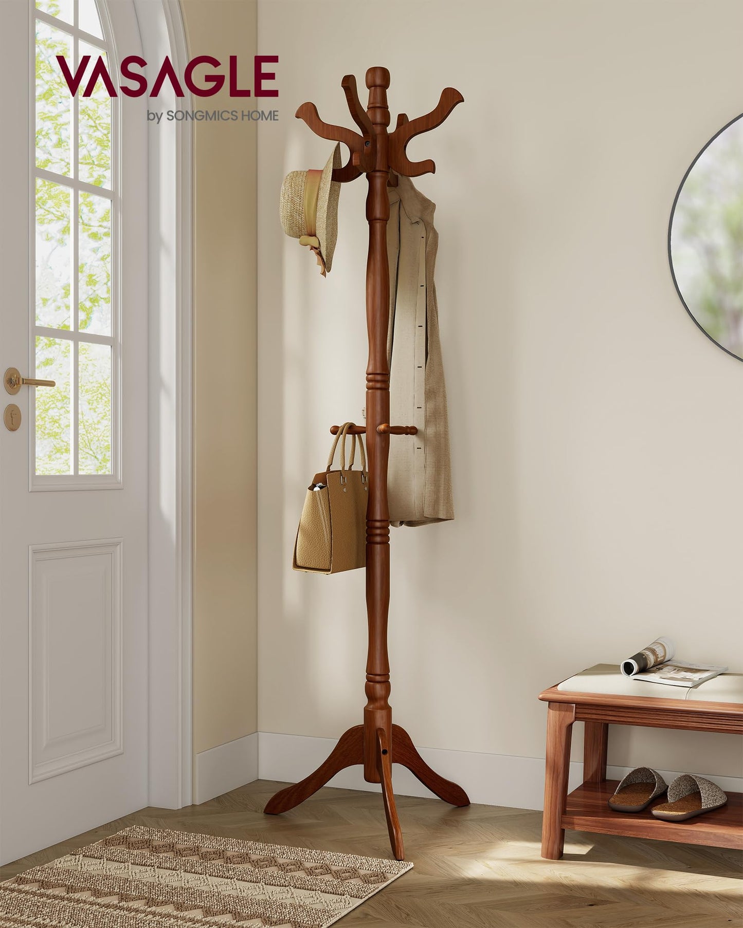 VASAGLE Coat Stand, Solid Wood Freestanding Coat Rack with 11 Hooks, Hall Tree for Bags, Purses, Hats, for Entryway, Hallway, Rubberwood, Caramel Brown URCR05WN