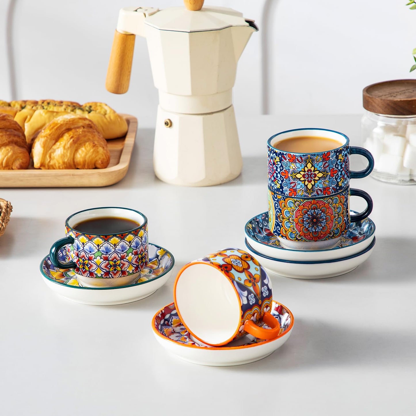 vancasso 4 Oz Stackable Espresso Cups with Saucers and Metal Stand Set of 4,Bohemian Ceramic Cappuccino Cups - Microwave and Dishwasher Safe, Perfect for Tea, Espresso, Latte, Cafe-02