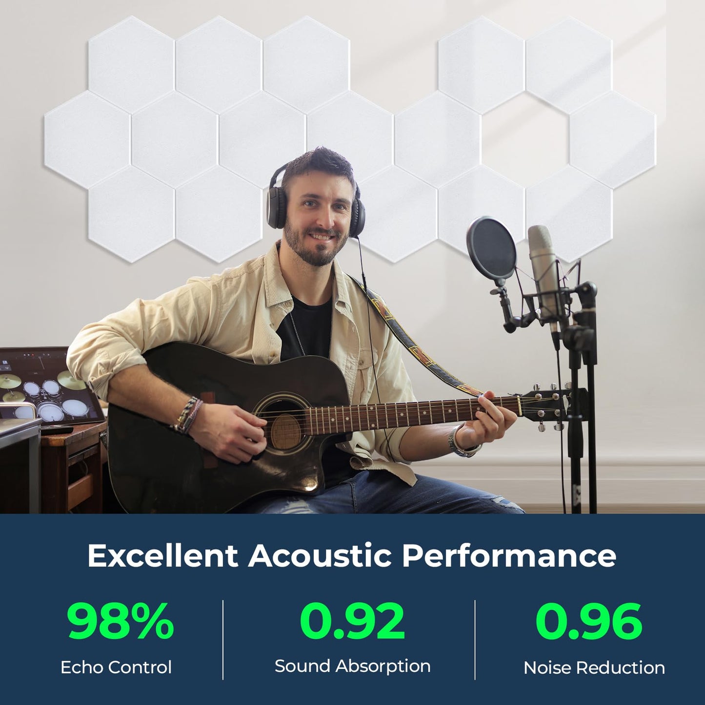 AUSLET 12Pack Sound Proof Panels Hexagon Self-Adhesive Sound Absorbing Panels 12" x 10" x 0.4", High-Density Acoustic Panels for Home Studio, Office, Gaming Room, White