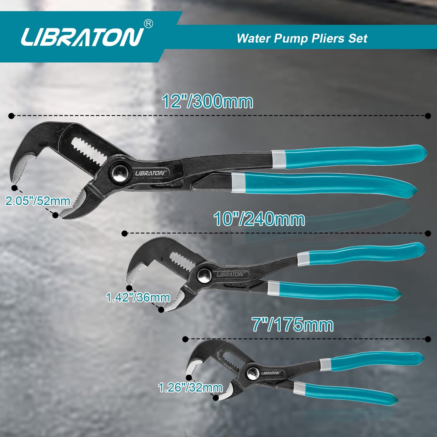 Libraton Water Pump Pliers, Groove Joint Pliers Set, V-Jaw Tongue and Groove Pliers in CR-V Steel, 3PCS Plumbing Pliers, Ratcheting Push Button Adjustment Mechanism