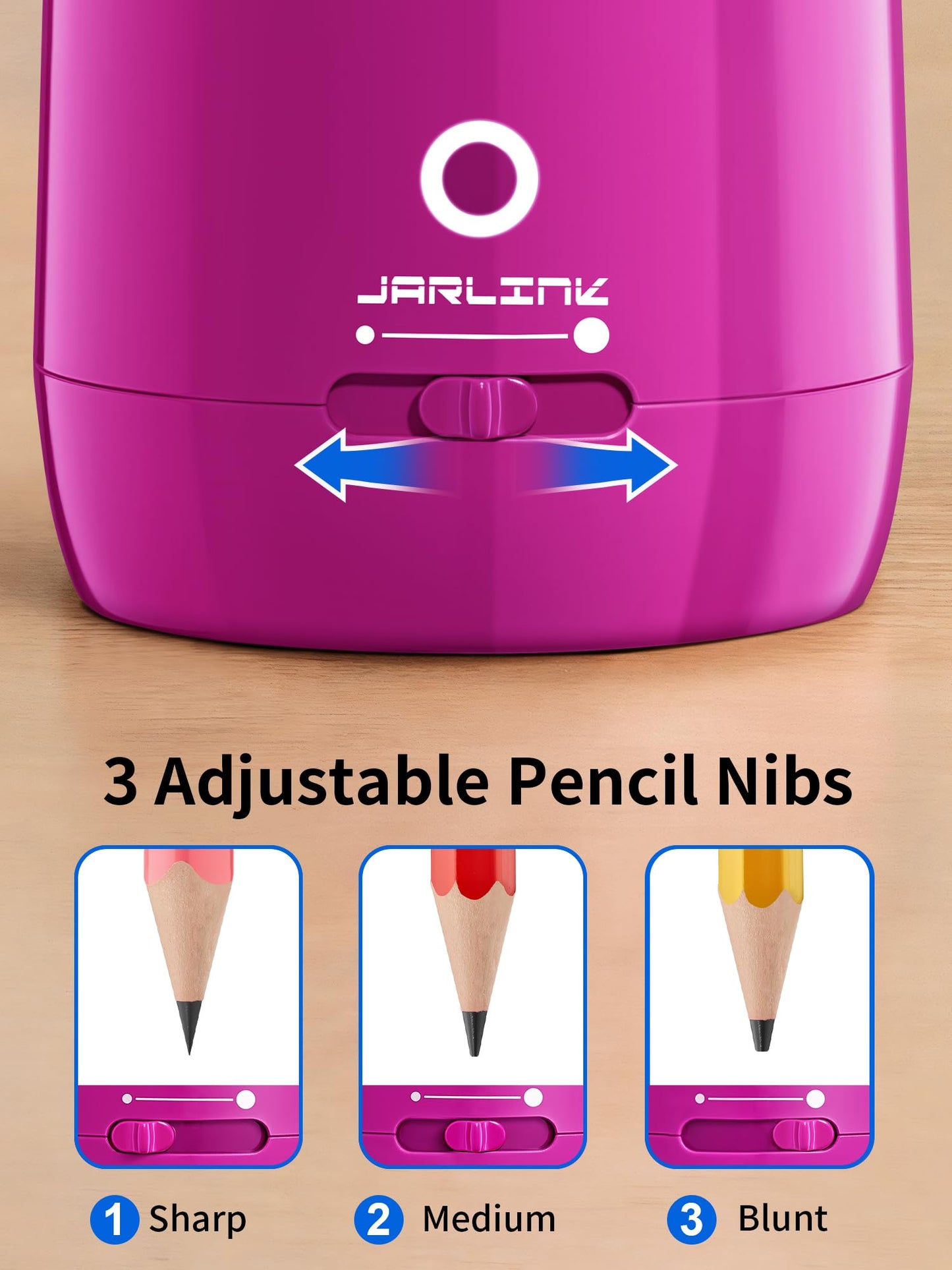 JARLINK Automatic Electric Pencil Sharpener - Hands-Free Operation, 3 Sharpness Modes, 3-Second Sharpening, Rechargeable & Portable for 7-12mm Pencils, Ideal for Classroom and Home Use (Pink)