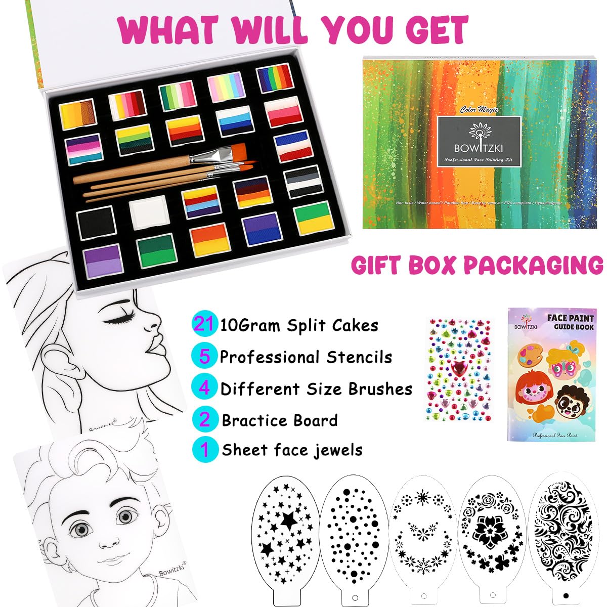 Bowitzki 21 Colors Split Cake Face Paint Set Professional Face Painting Kit Kids Adults 10g One Stroke Stencil Brush Practice Board Non Toxic Rainbow Cakes Flora Body Makeup Halloween Christmas Easter