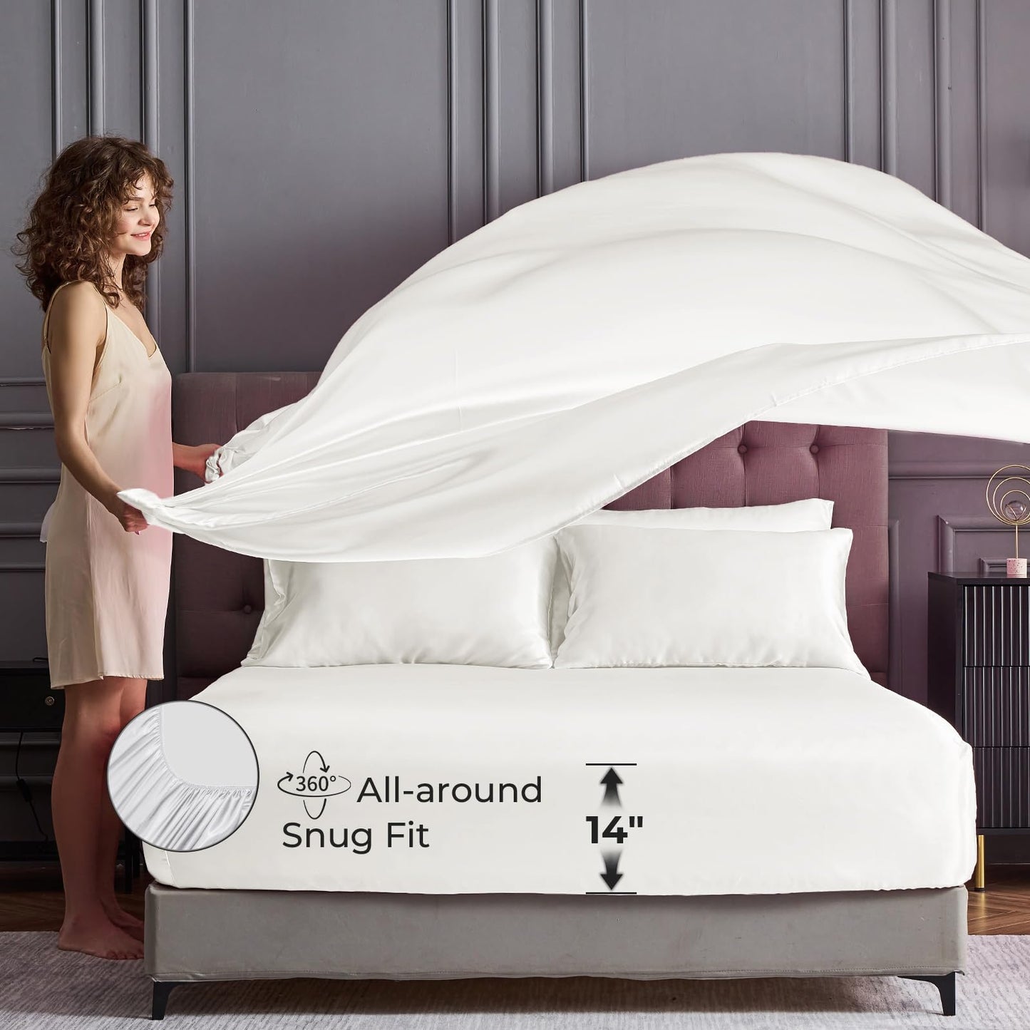 Sasttie Satin Sheets Queen - 4 Pieces Luxury Soft White Silky Bed Sheets Set with Pillowcases - Smooth Silk-Like Drap Satin Fabric, Reinforced 14 Inches Pocket, Oeko-Tex Certified