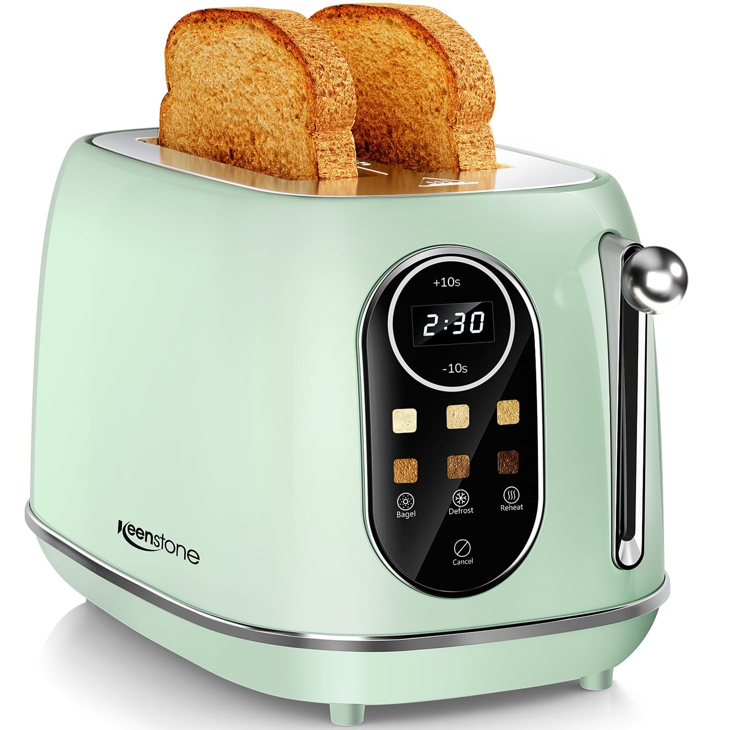 Keenstone Smart Touch Screen Toaster 2 Slice, Retro Wide Slot Stainless Steel Toaster with 6 Browning Levels, Reheat & Defrost, for Bagel, Toast, Bread, Removable Crumb Tray, Green
