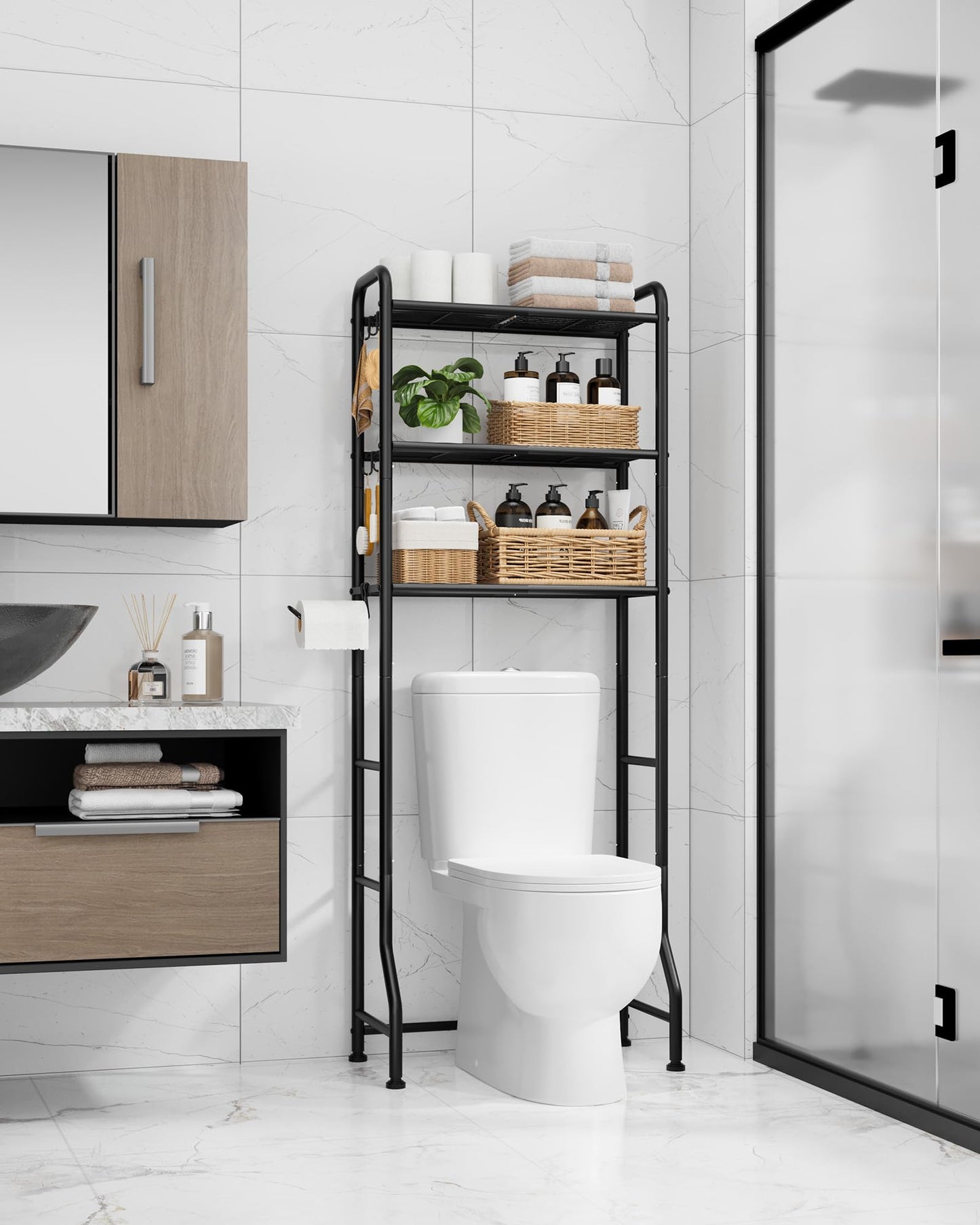Kitsure Over Toilet Storage Rack – 3-Tier Black Metal Bathroom Organizer Shelf with Toilet Paper Holder & Hooks, Space-Saving Over the Toilet Cabinet for Laundry Room or Washroom, 63.2" H