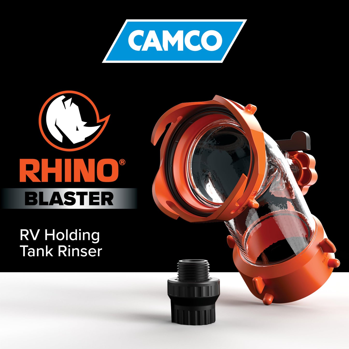 Camco Rhino Blaster — Camper Holding Tank and RV Portable Waste Tank Rinser — Provides Thorough RV Tank Cleaning — Features a Backflow Preventer & 45-Degree Clear Elbow Adapter (39080)