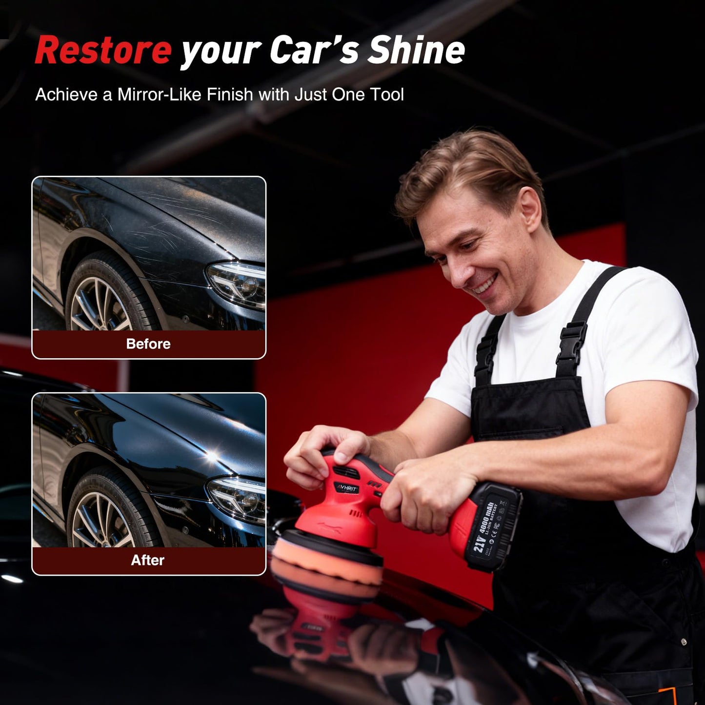 Cordless Car Polisher, 4000mAh 21V Batteries, 6- Inch Car Polishing Machine, 8mm Orbita Car Buffer Waxer Kit, 6 Variable Speeds for Scratch Detailing, Boat Care, Waxing