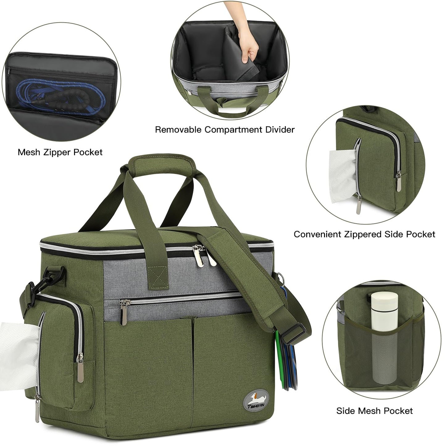 Taihoyin Dog Travel Bag for Pet Kit for Supplies with 2 Food Storage Containers 2 Collapsible Bowl 1 Feeding Mat 1 Dog Treat Pouch 7-Piece Set Perfect Road Trips Camping Weekend Doggy Gift Olive Green