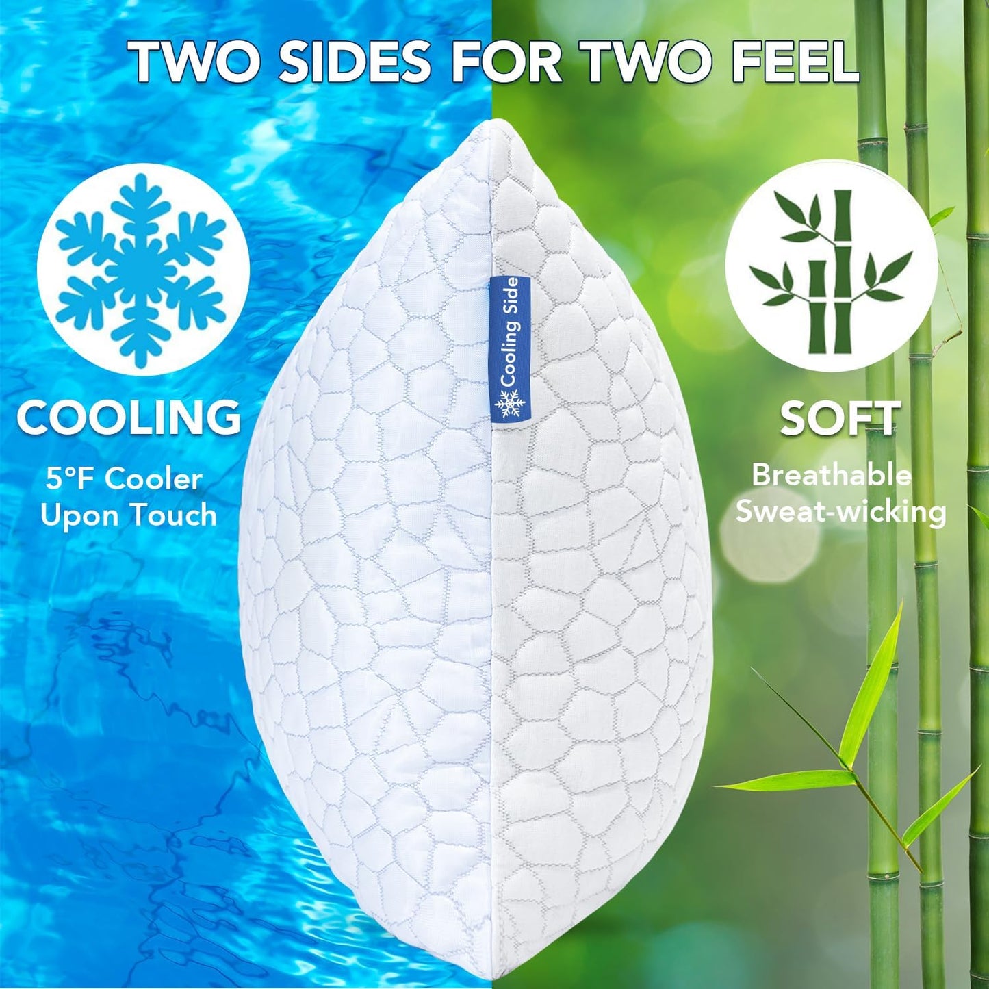 Cooling Memory Foam Pillows Queen Size Set of 2, Adjustable Shredded Foam Bed Pillows for Sleeping, Soft Support Pillows for Side & Back Sleepers with Breathable Dual-Sided Bamboo & Cooling Fabric