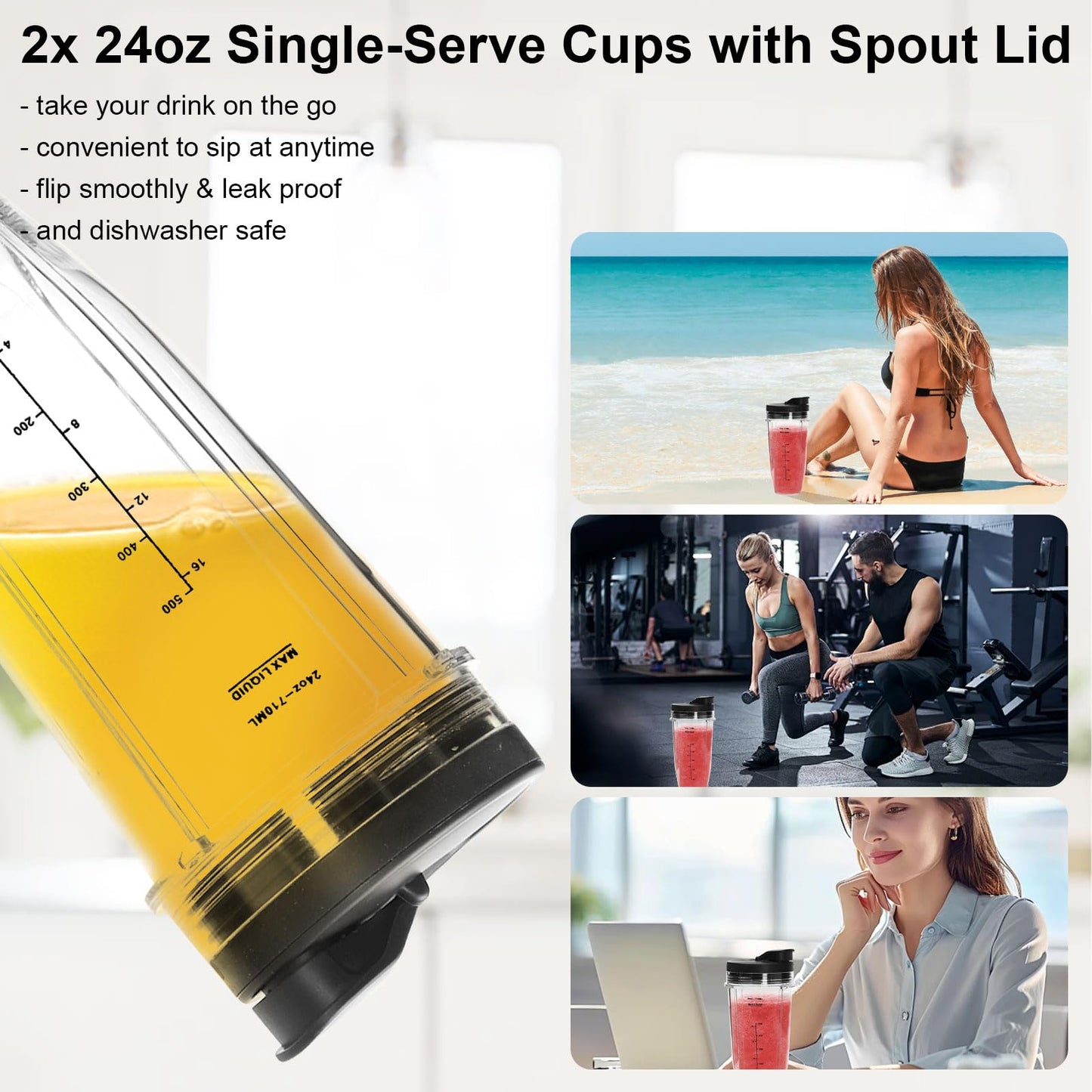 6 Pack Ninja Blender Cups Replacement and Blade, 24oz Ninja Cups for Blender and 7Fins Blade Replacement with Cleaning Brush, Compatible Nutri Ninja Auto iQ BN801 BL480 BL640 BL642 NN100 BL2012
