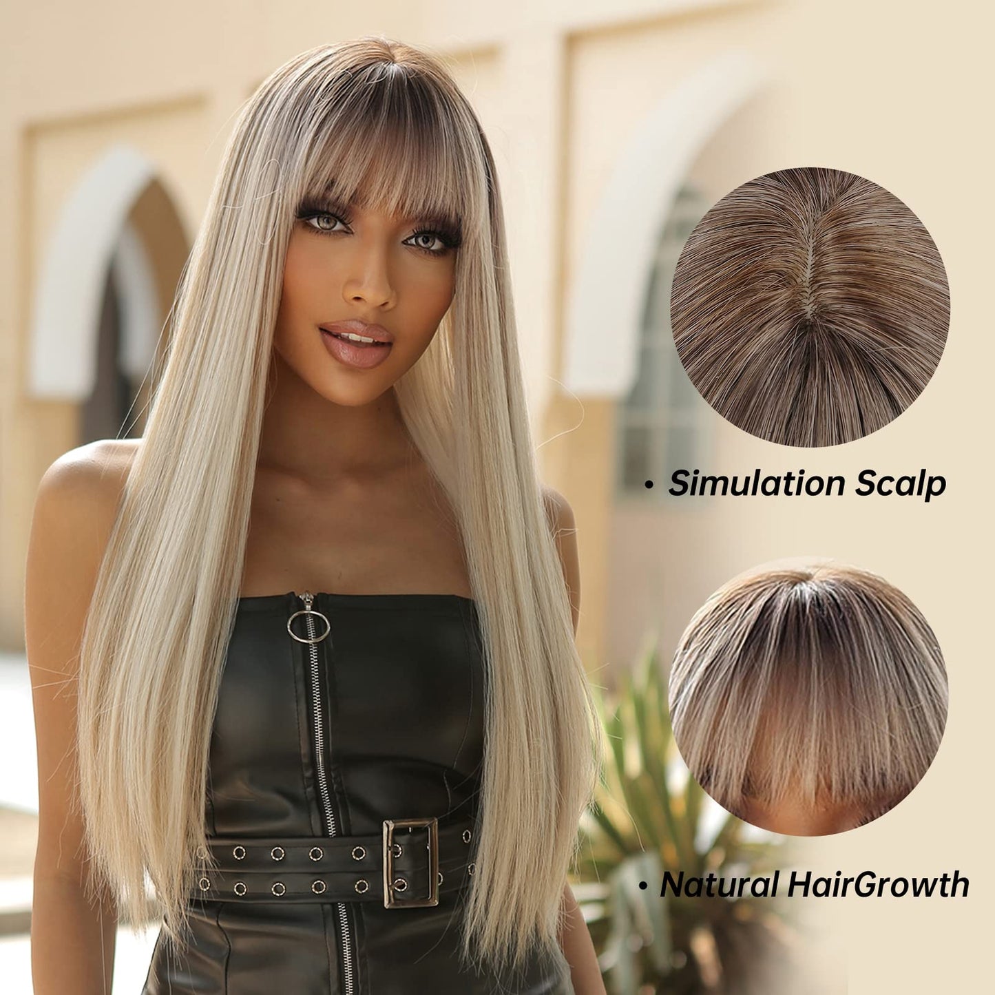 Allbell Long Straight Blonde Wigs with Bangs Ombre Hair Syntehtic Wigs for Women Heat Resistant Fiber