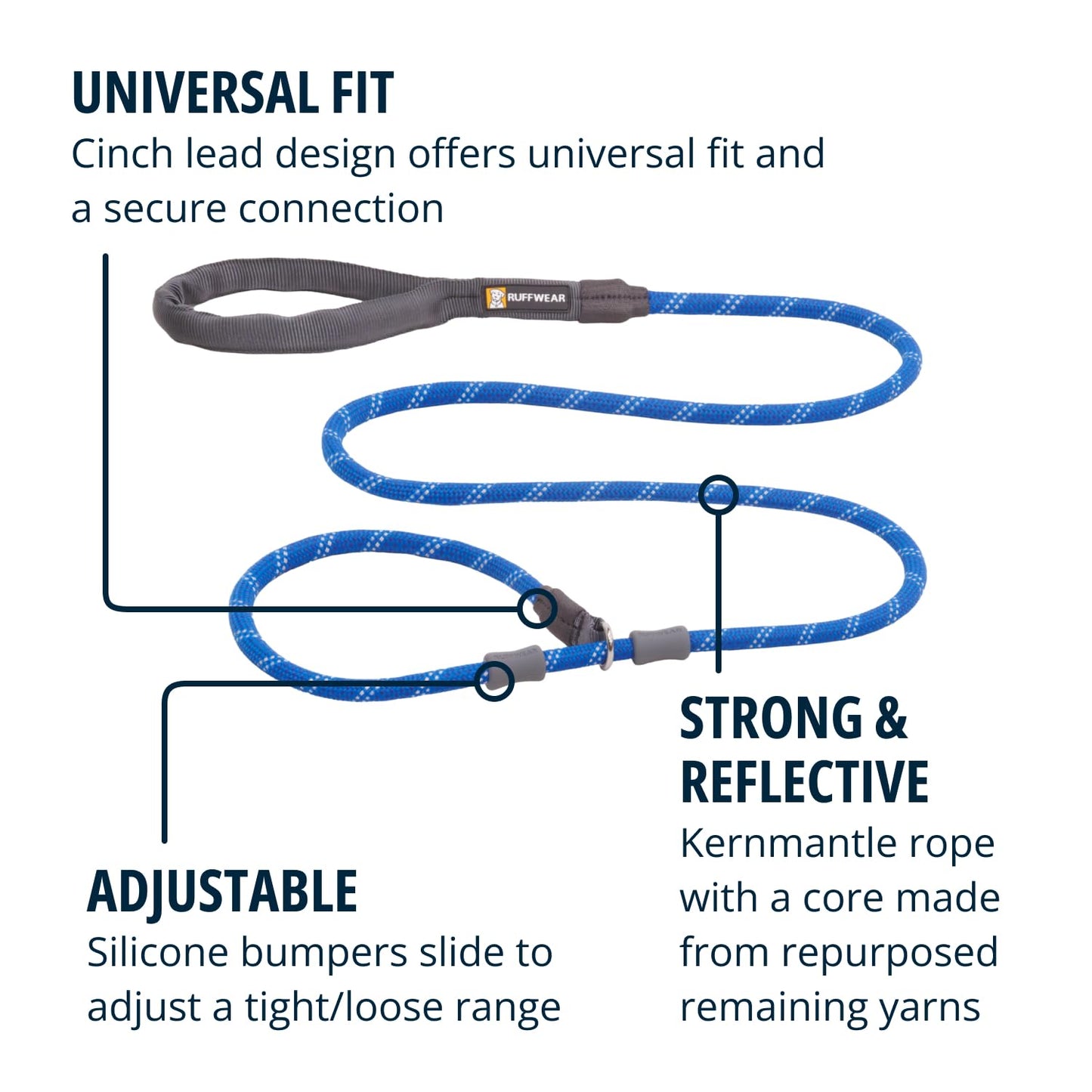 Ruffwear, Just‑a‑Cinch Slip Lead Dog Leash, 5 ft Reflective Rope with Adjustable Silicone Stoppers, Collar‑Free Cinch Design, Tubular Webbing Handle, Accessory Loop, Obsidian Black