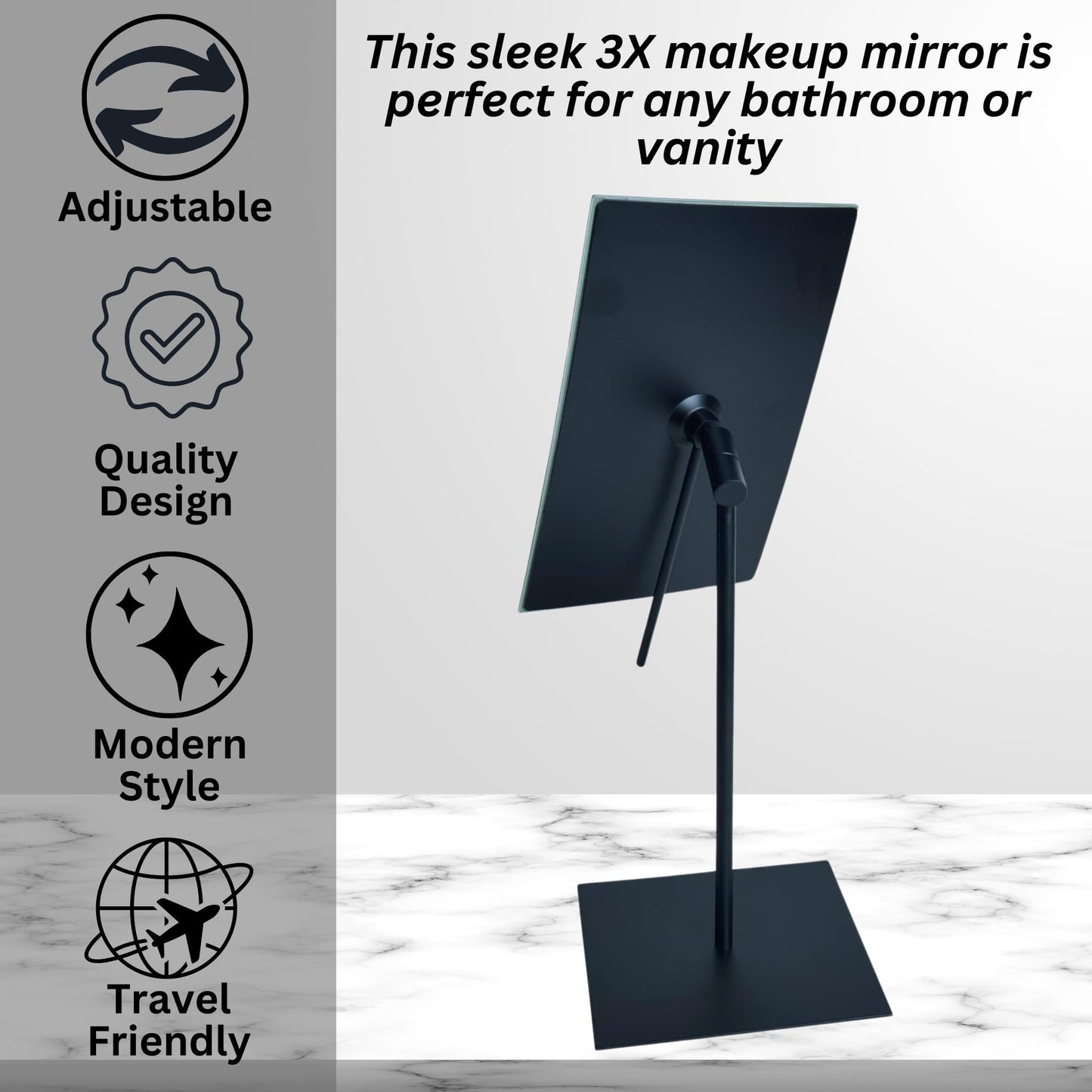 JERDON Rectangular Tabletop Vanity Makeup Mirror - 3X Magnification with Black Finish - 5-inch by 8-inch Vanity Mirror - Pivot Adjustment - Model JP358BK