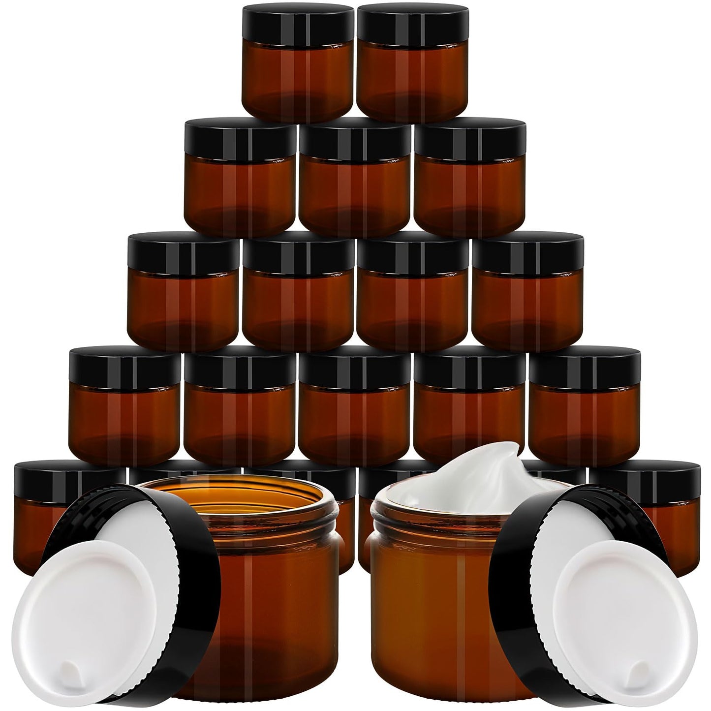 2 oz Amber Glass Jar with Lid, 48 Pcs 60 ml Round Cosmetic Containers with Inner Liners and Black Lids,Refillable Travel Jars for Storing Lip and Body Scrub, Lotion, Bath Salts, Liquid