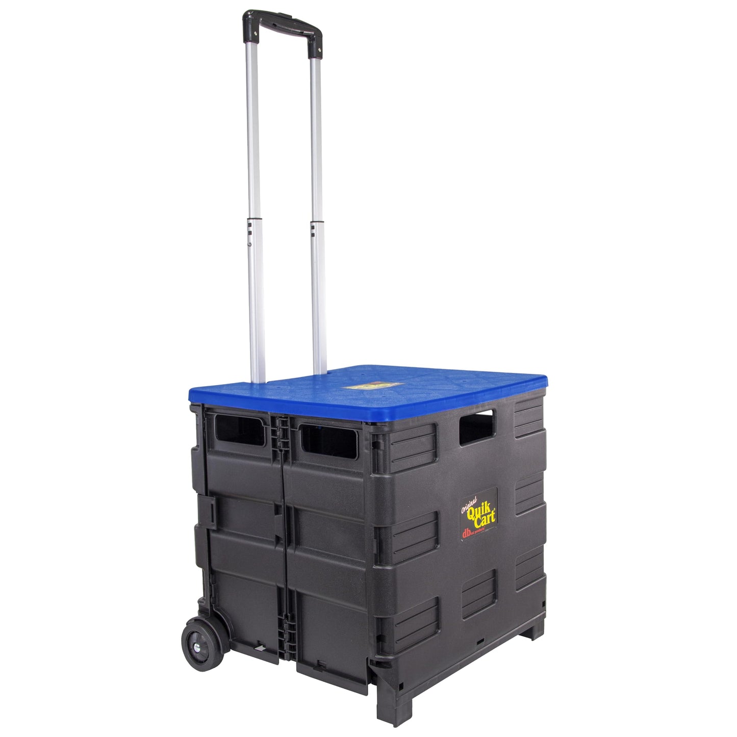 Dbest Products Quik Cart Collapsible Rolling Crate on Wheels for Teachers Tote Basket, 80 lbs Capacity, Blue Lid Made from Heavy Duty Plastic and Used as a Seat, 01759MB