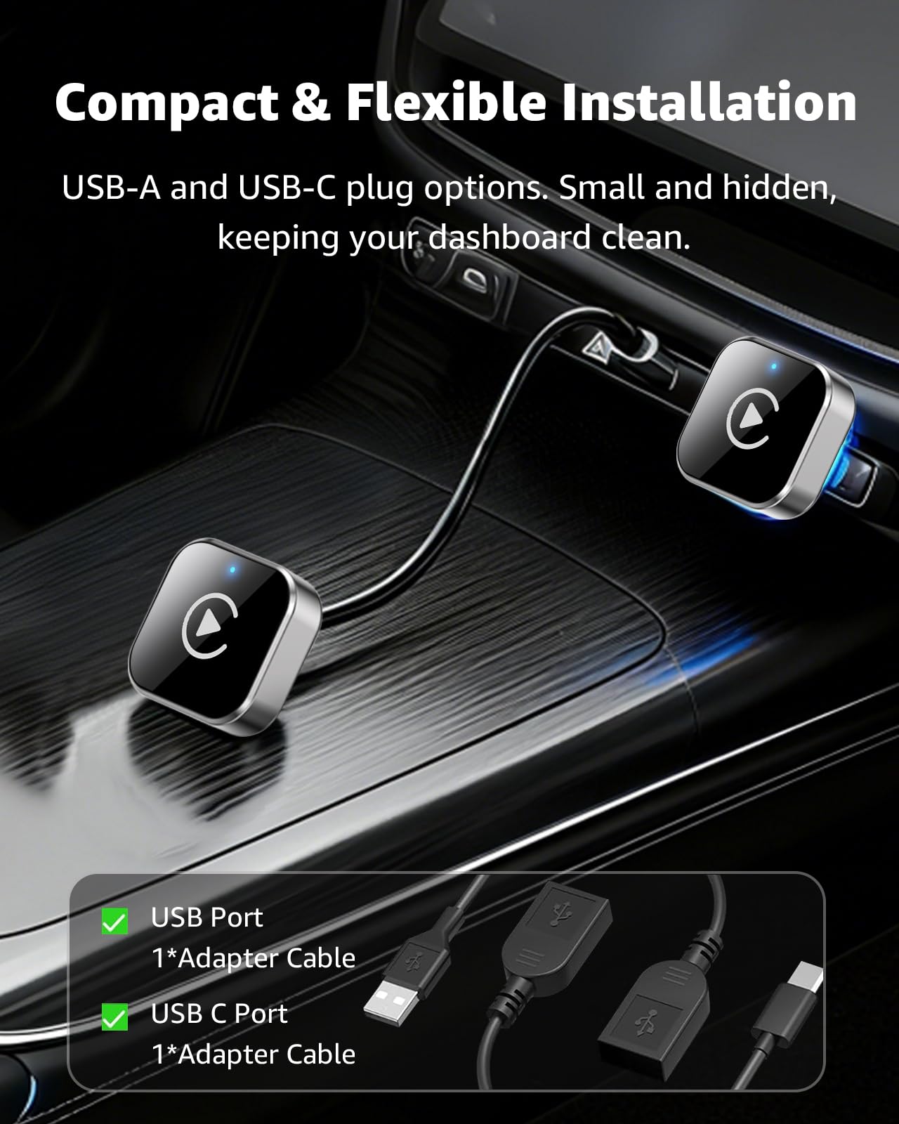 Wireless CarPlay Adapter, CarPlay Wireless Adapter Plug & Play USB/USB-C, 2-in-1 Converts Wired to Wireless CarPlay, Android Auto Wireless Adapter, Compatible with iPhone iOS 10+ & Android Auto