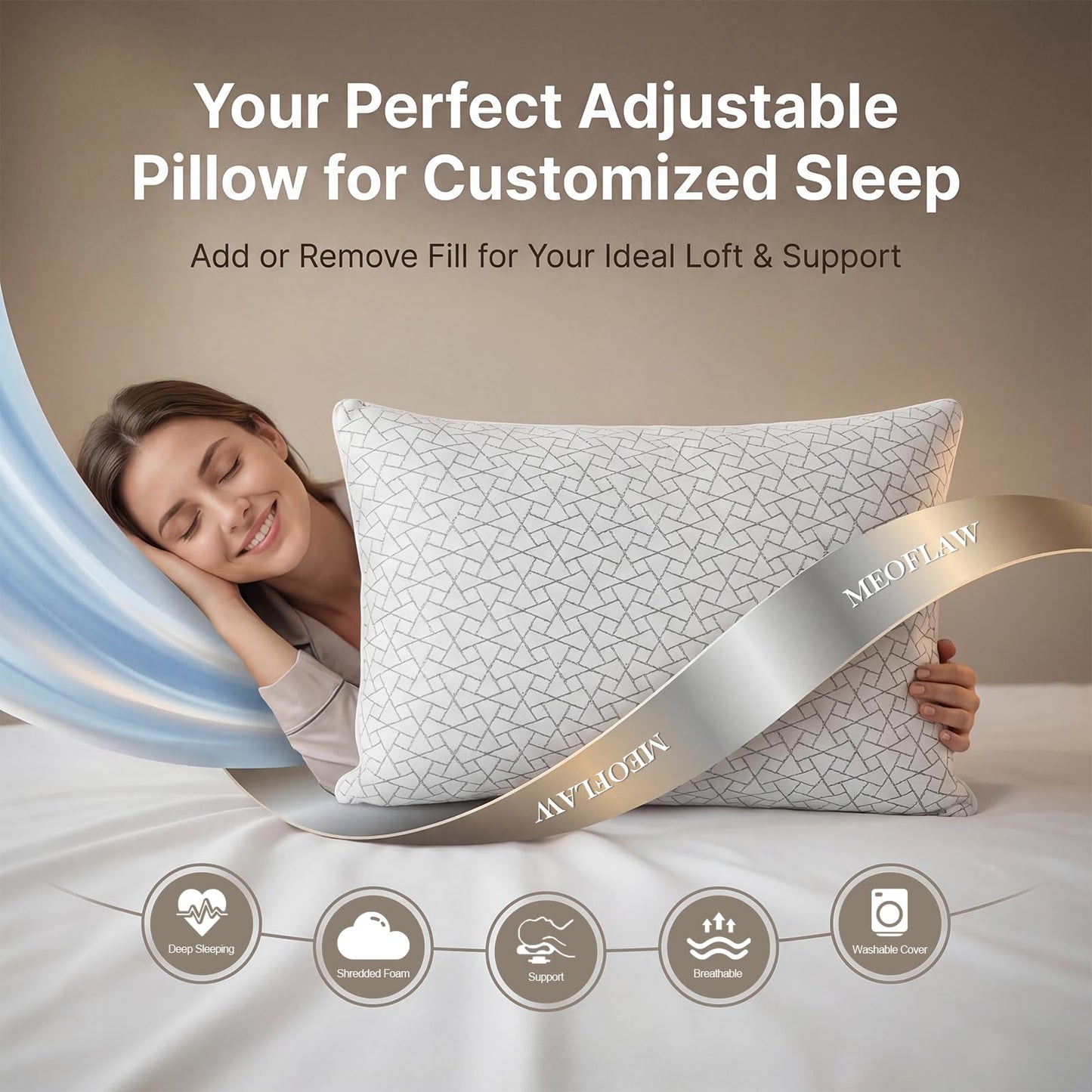 Adjustable Memory Foam Pillows: 2 Pack Queen Size Shredded Foam Bed Pillow for Sleeping with Removable & Washable Pillowcase for All Sleep Positions