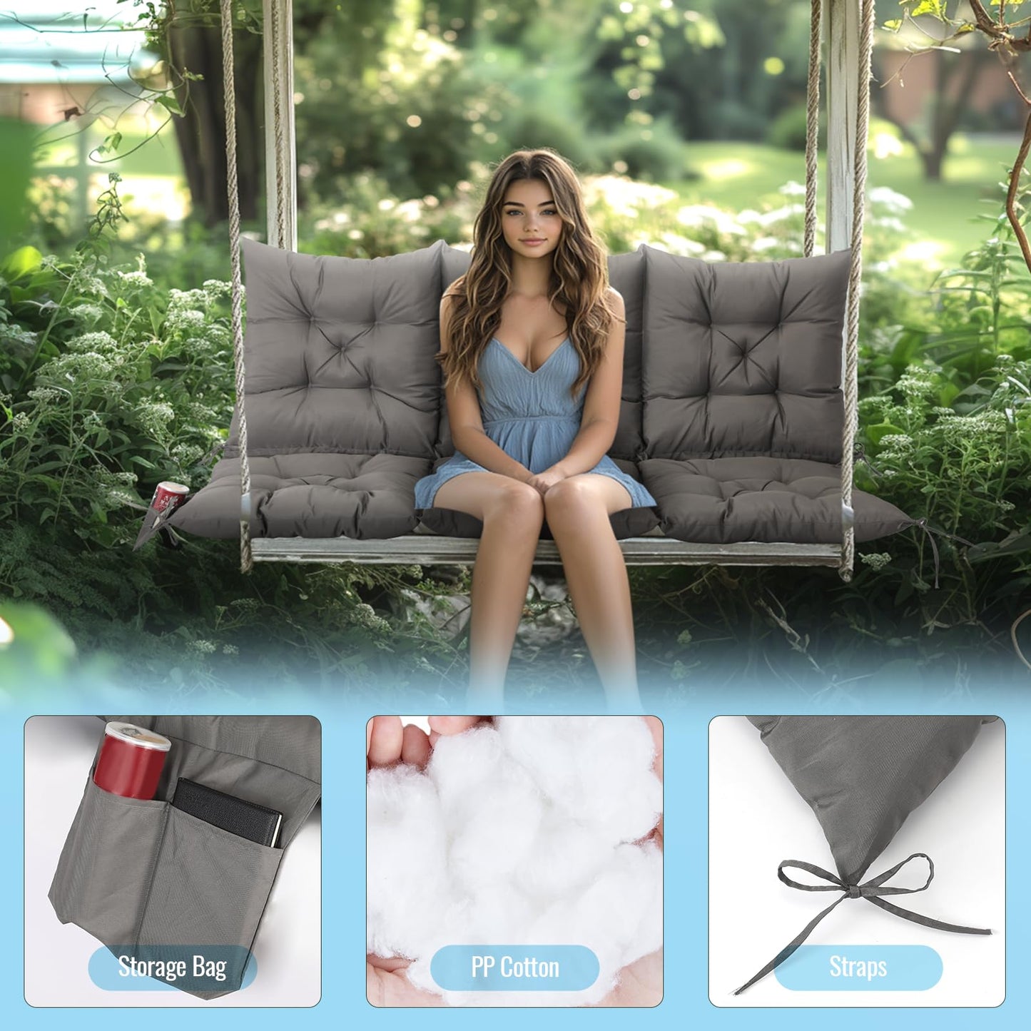 3 Seat Cushion for Outdoor Swing - 60x40 inches, 4" Thick Porch Swing Cushions with Ties and Storage Bag, Soft Bench Replacement Cushions for Patio, Outdoor, Backyard and Garden (Dark Gray)