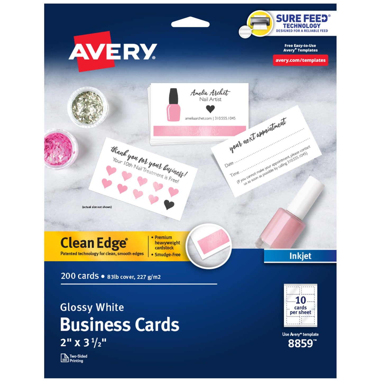 Avery Ink Jet Two-Side Printable Clean Edge Business Cards, White, Glossy, Pack of 200 (8859)