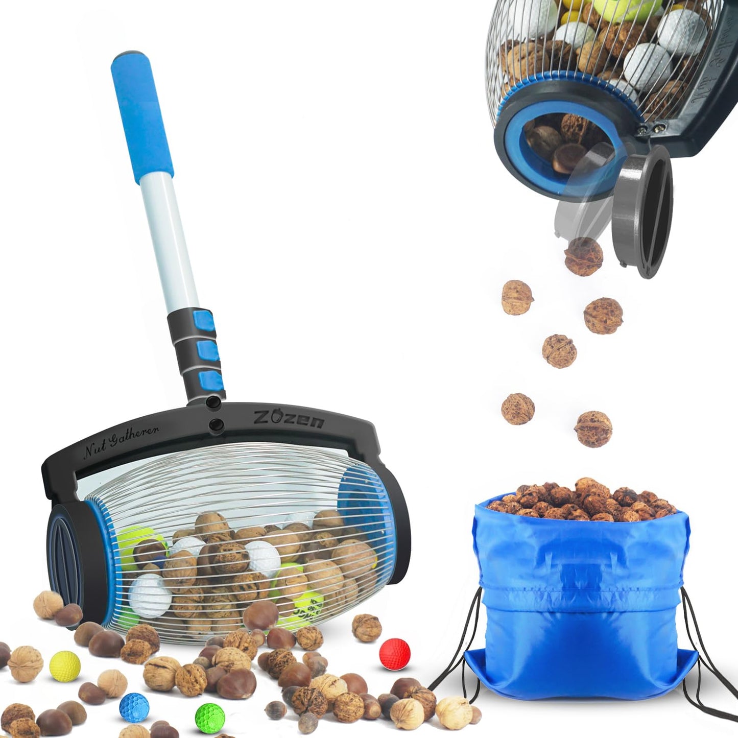 zozen Nut Gatherer,Walnut Picker Upper,Side Opening Dump,Pecan Picker Upper,Apply to Hickory Nuts,Spiked Balls,Chestnuts,Nerf Darts,Golf,Objects 1'' to 2-1/2''; 55inch,1.5 Gallon (Large) Blue