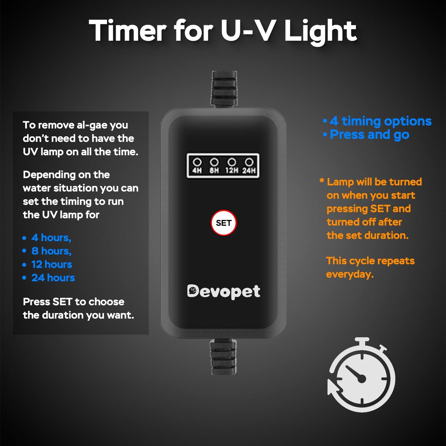 Devopet Aquarium U-V Light, Al-gae Clean Light for Fish Tank, Green Water Clean Lamp with Timer, Amphibian Aquarium U-V Lamp for in-Line and in-Tank Use, for 75-120 Gallons Fish Tanks(10W)