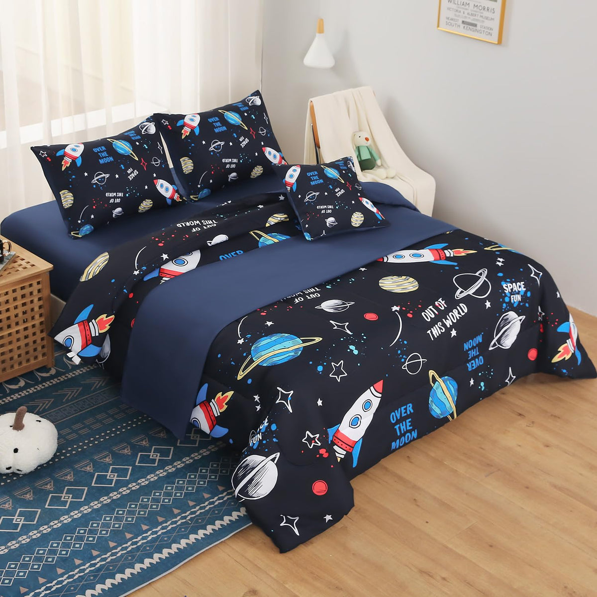 JQinHome Full Space Comforter Set for Kids,6 Piece Bed in A Bag 3D Galaxy Space Rocket Planets Bedding Set for Teens Boys Girls (1 Comforter,2 Pillowcases,1 Flat Sheet,1 Fitted Sheet,1 Cushion Cover)