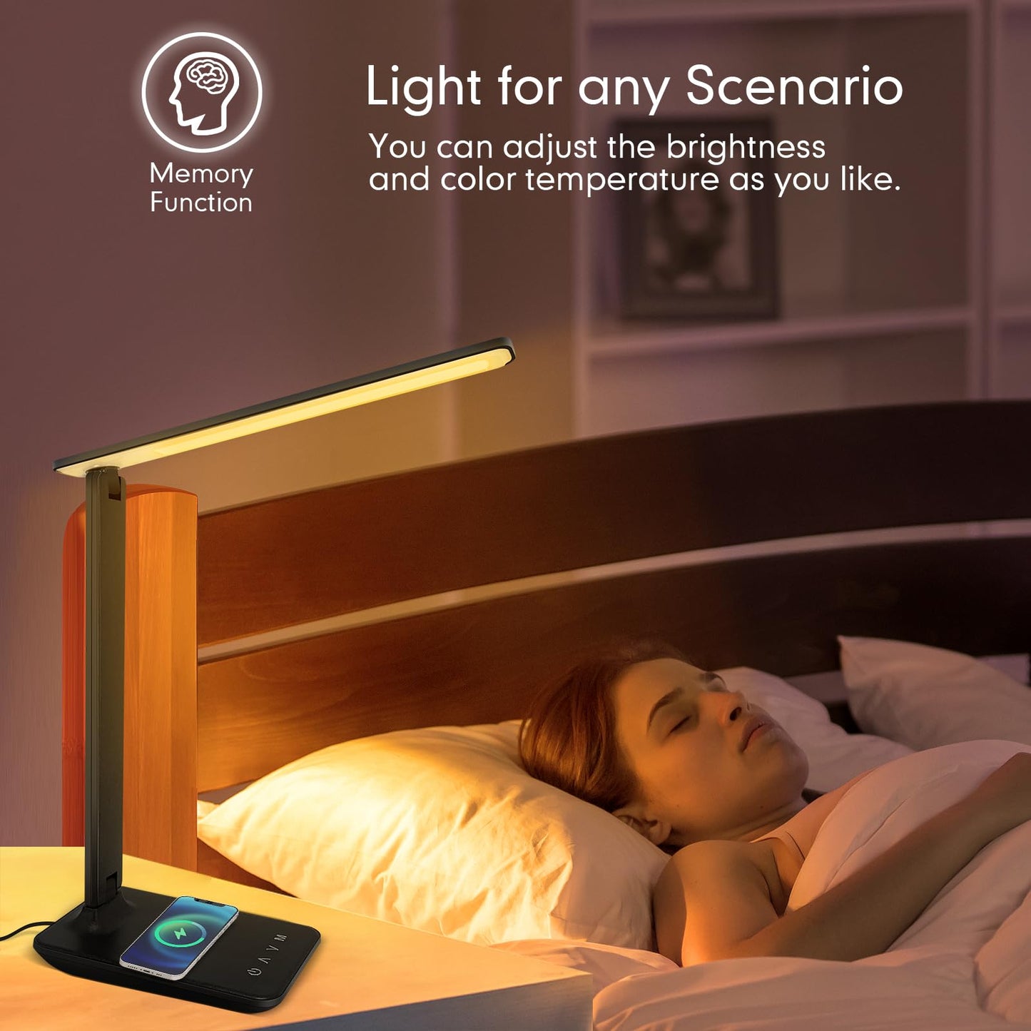 Whicow LED Desk Lamp Eye-Caring Table Lights Dimmable 5 Modes Touch Control Adjustable Table lamp with USB Charging Port for Home Office Reading, Studying Working (Black + Wireless Charger)