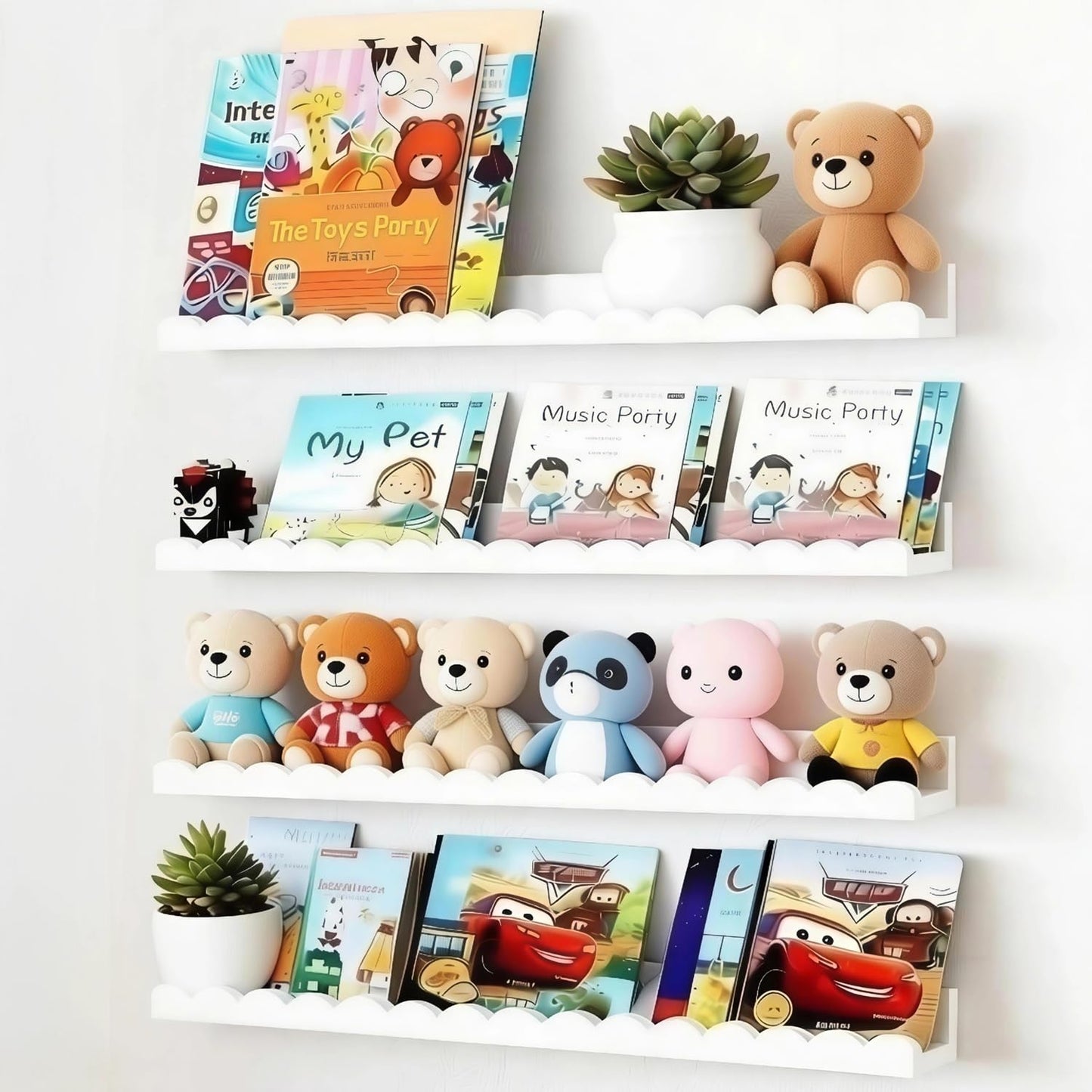 Watelife Nursery Book Shelves, 4-Pack White Floating Shelves for Wall Kids, Scalloped, Wall Book Shelve for Bedroom Kids, Toddler Room, Baby Room, Nursery Decor(Medium 23 Inches)