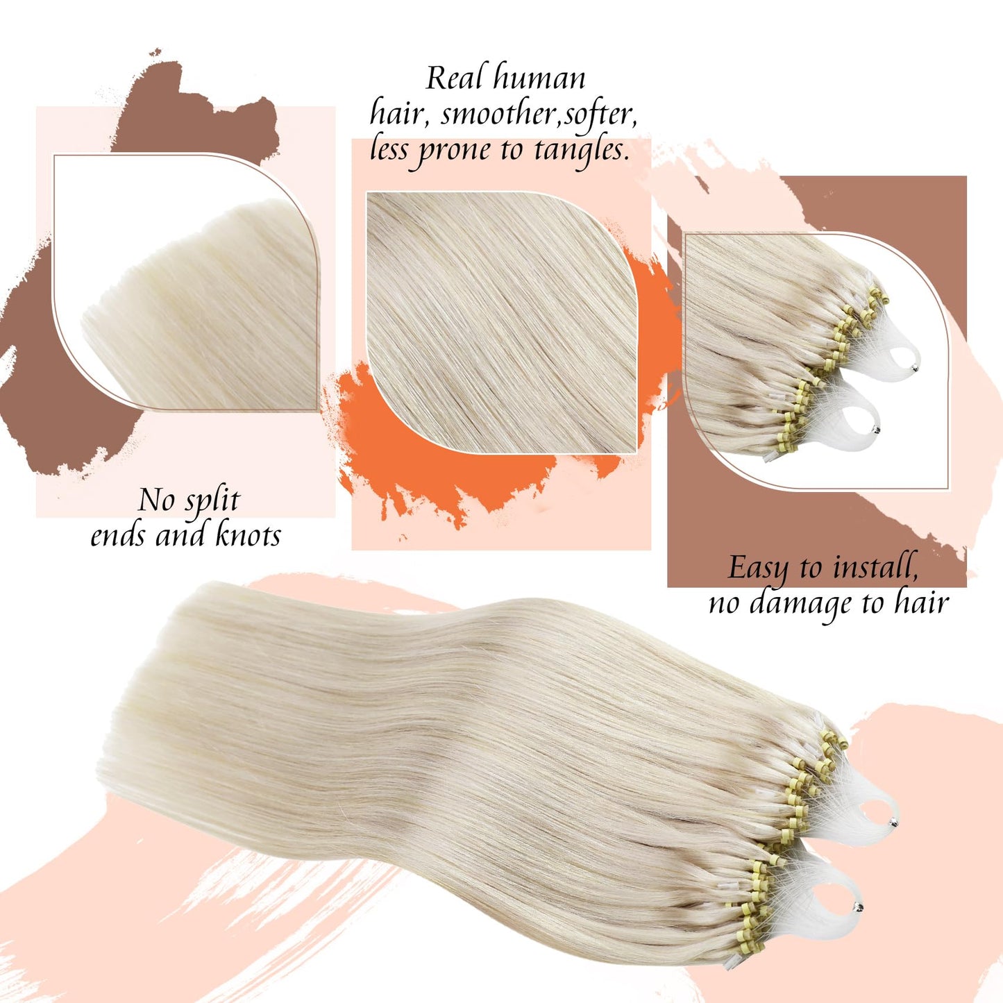 Sunny Hair Micro Beads Hair Extensions Real Human Hair 1g/s 50g Micro Loop Ring Remy Hair Extensions for Women Straight Micro Link Extensions Human Hair White Platinum Blonde 24inch