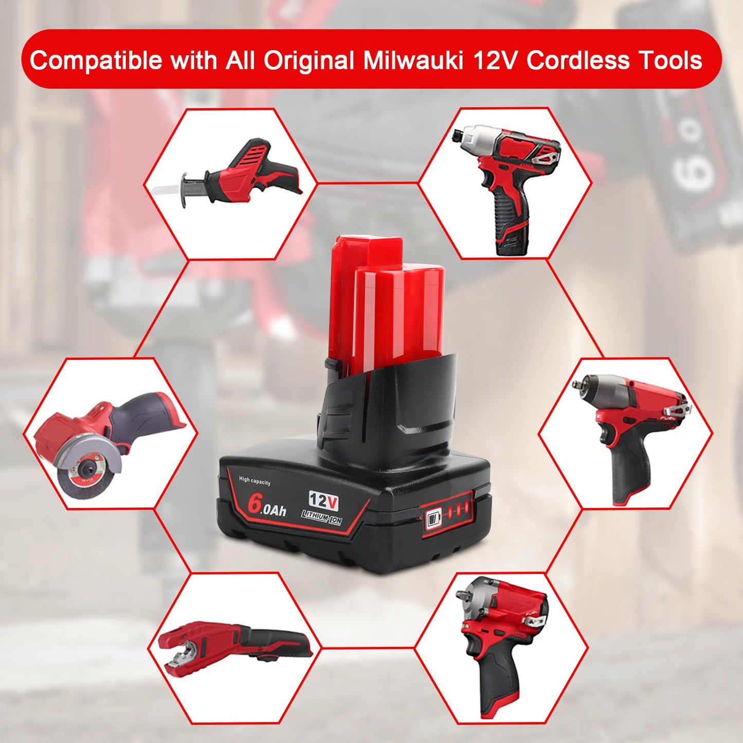 12V Battery, Replacement for Milwaukee M12 Battery 6.0Ah, Compatible with Milwaukee 12V Cordless Tools MLW2553-20,2462-20,2415-20 and MLW2504-20 2-Pack (2pack M12 Battery 6.0ah)