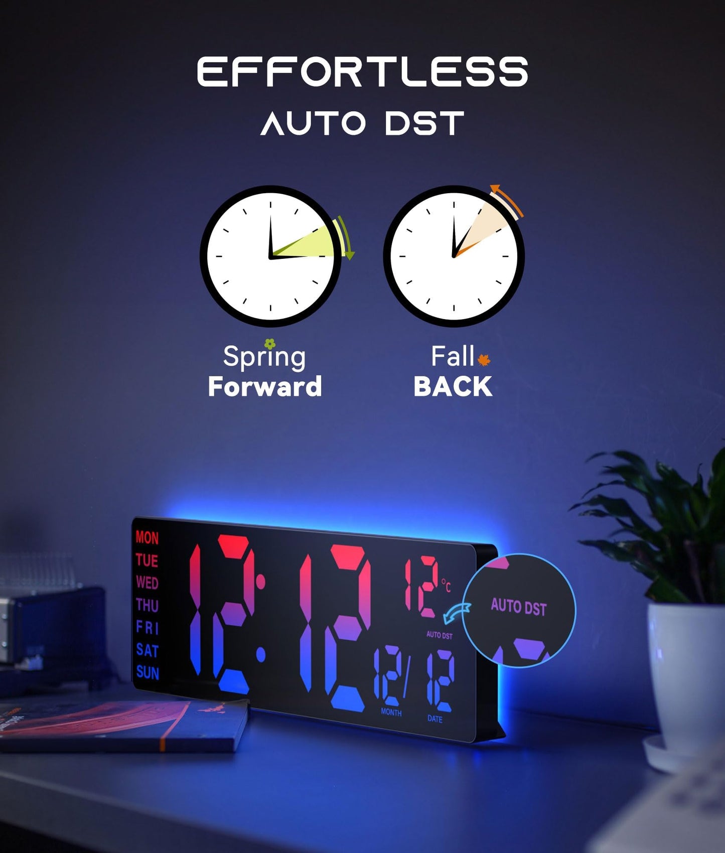 EASYERA 16.5" Large Digital Wall Clock with Remote Control, RGB Atmosphere Lights with 11 Scenes Mode, Dual Alarms with Big LED Display, Auto DST, Temperature for Living Room Gaming
