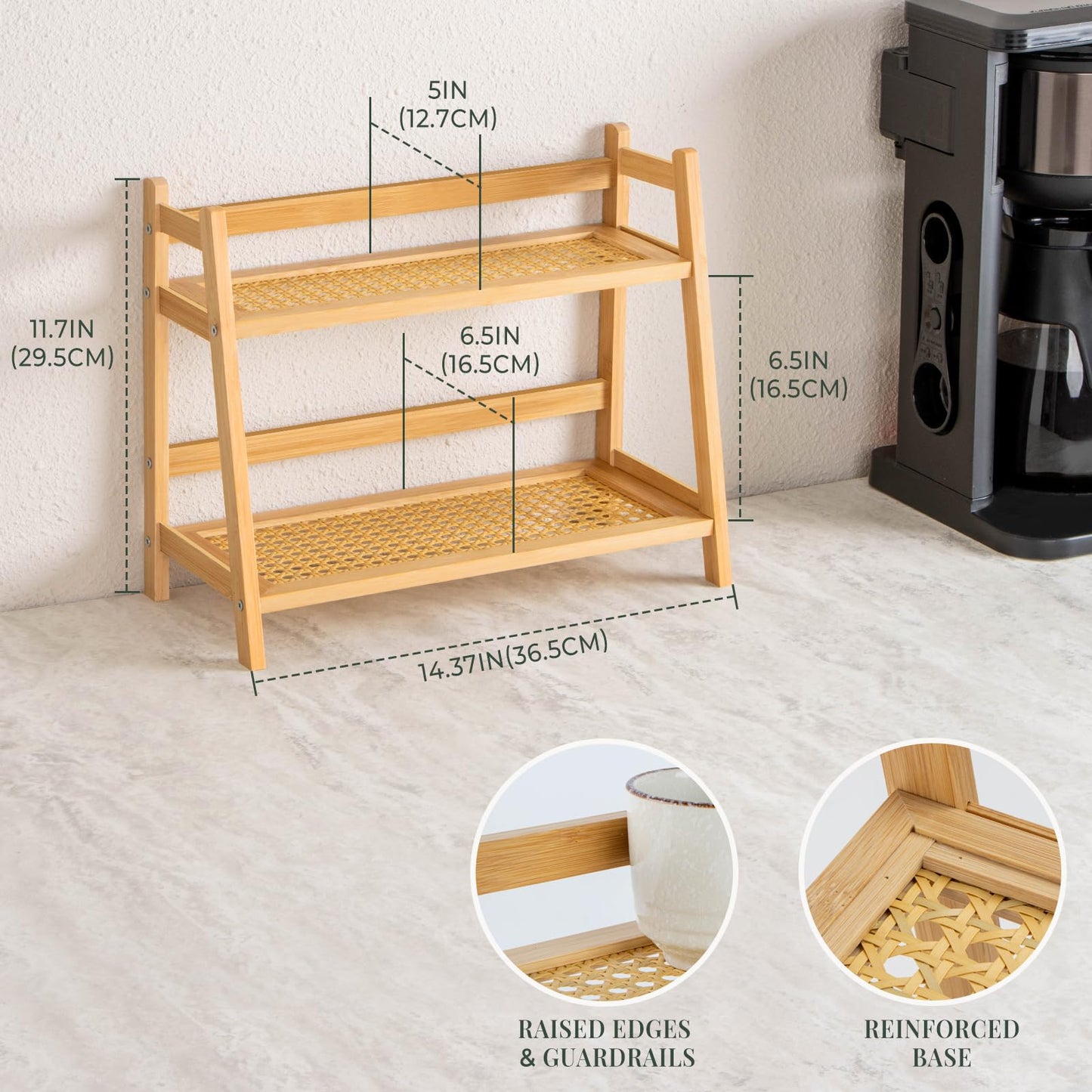 ANBOXIT Rattan-Look Matcha Station Organizer, Countertop Bamboo Tea & Coffee Accessories Station Organizer, 2 Tier Mug Holder Display Stand for Kitchen, Home, Office