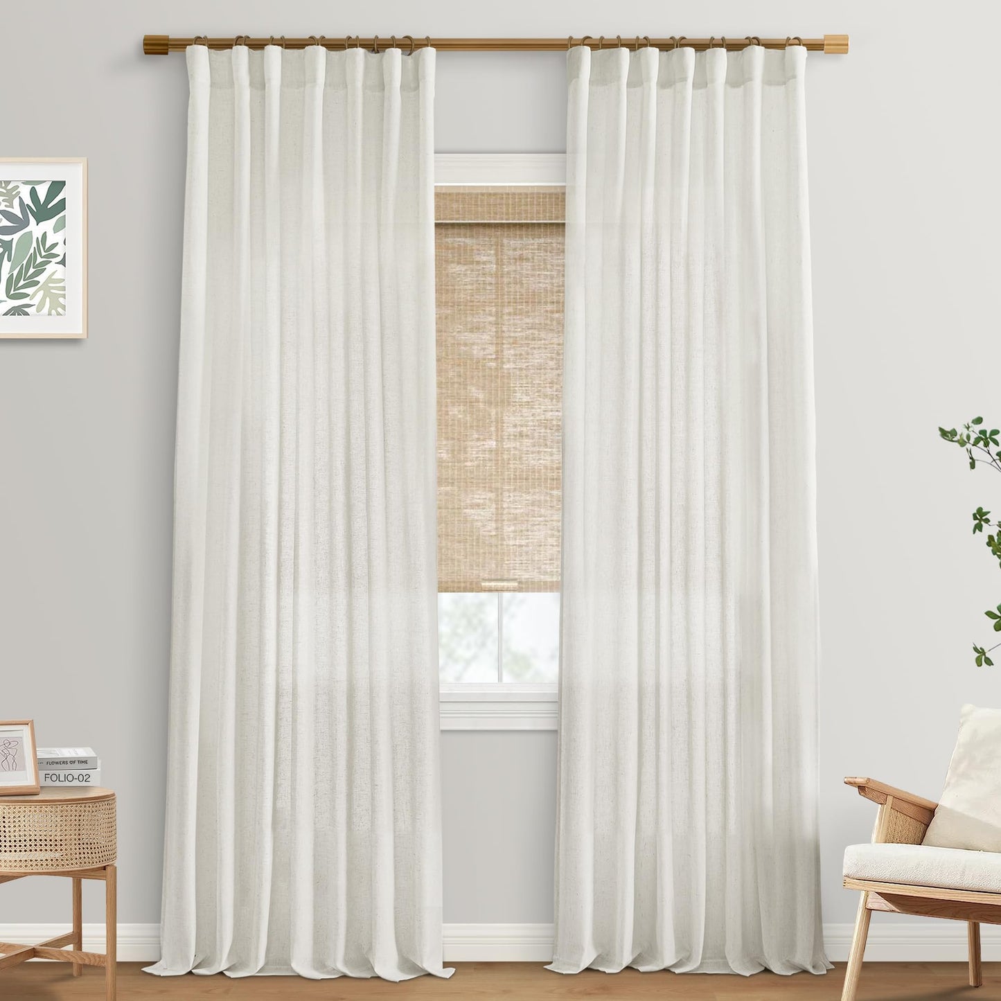 108 Inch Linen Curtains 2 Panels, with Heading Tape Hooks for Track System, Back Tab Extra Long Sheer Curtains for Living Room Bedroom, 9FT, Cream Ivory