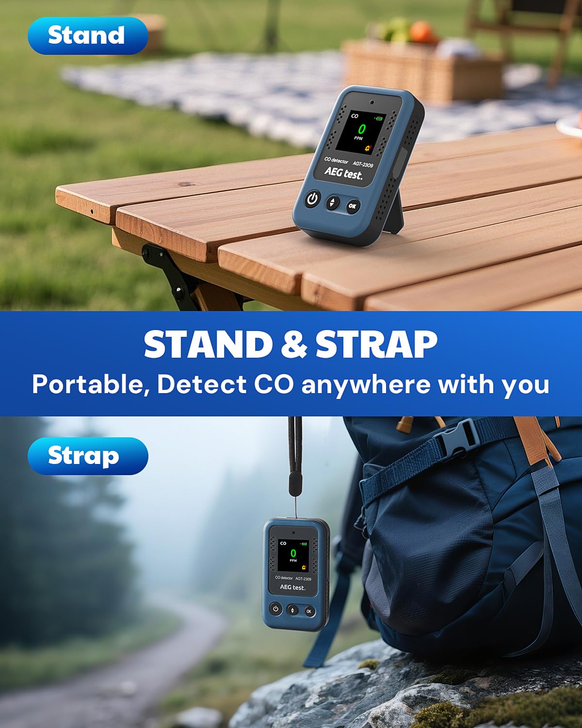 AEGTEST AGT-2309 Portable Carbon Monoxide Detector, 15-Day Standby, Rechargeable Mini CO Monitor with Lanyard for Travel & Camping, Handheld CO Meter with Audible & Visual Alerts, 0-1000ppm - Blue