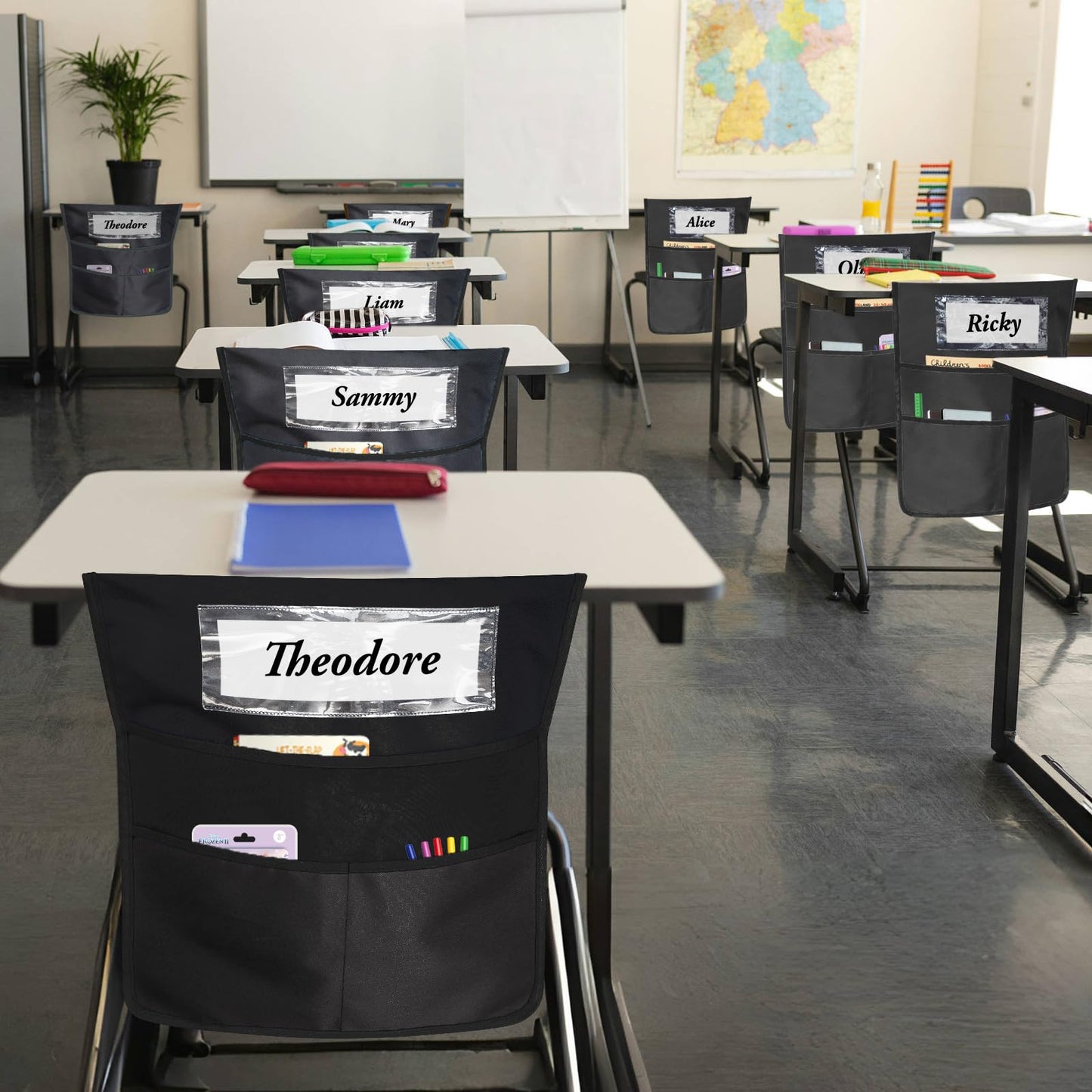12 Pack Black Chair Pockets for Classrooms, Chair Pocket with 3 Heavy Duty Storage Pocket, Chair Back Buddy Pocket with Name Tag Slot, Ideal Back to School Supplies, Classroom Must Haves