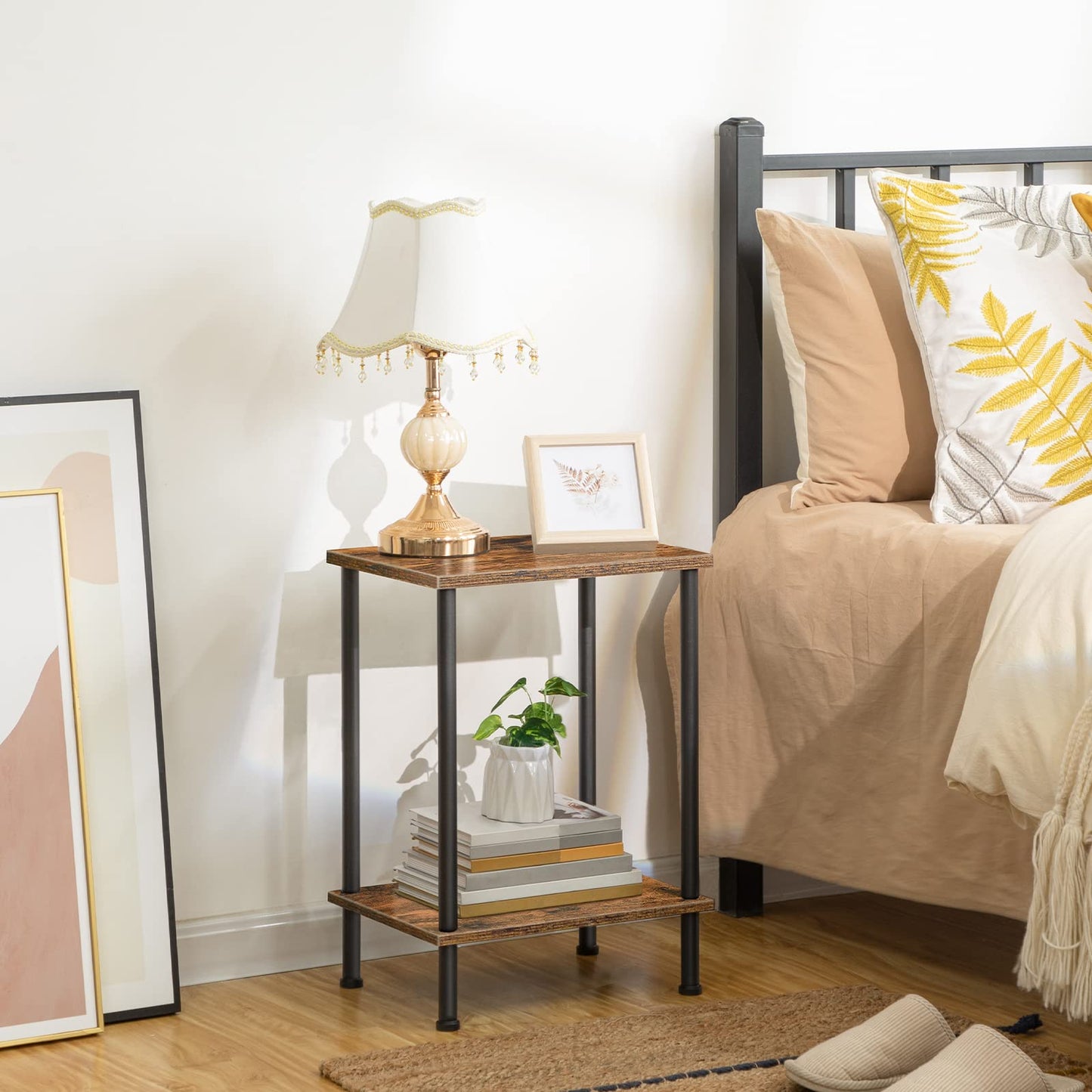 HOOBRO End Table, Nightstand with 2-Layer Storage Shelves, Side Table for Small Spaces, Living Room, Entryway, Farmhouse Industrial Style, Stable Frame, Easy Assembly, Rustic Brown, Black BF09BZ01