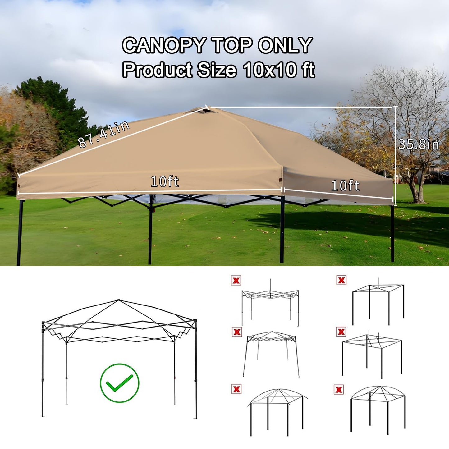 10x10 Canopy Replacement Top - for Straight Leg Canopy Tent, Waterproof, Durable, Tear-Resistant, Ideal for Outdoor Camping, Patio Shade (Top Only) (Khaki)