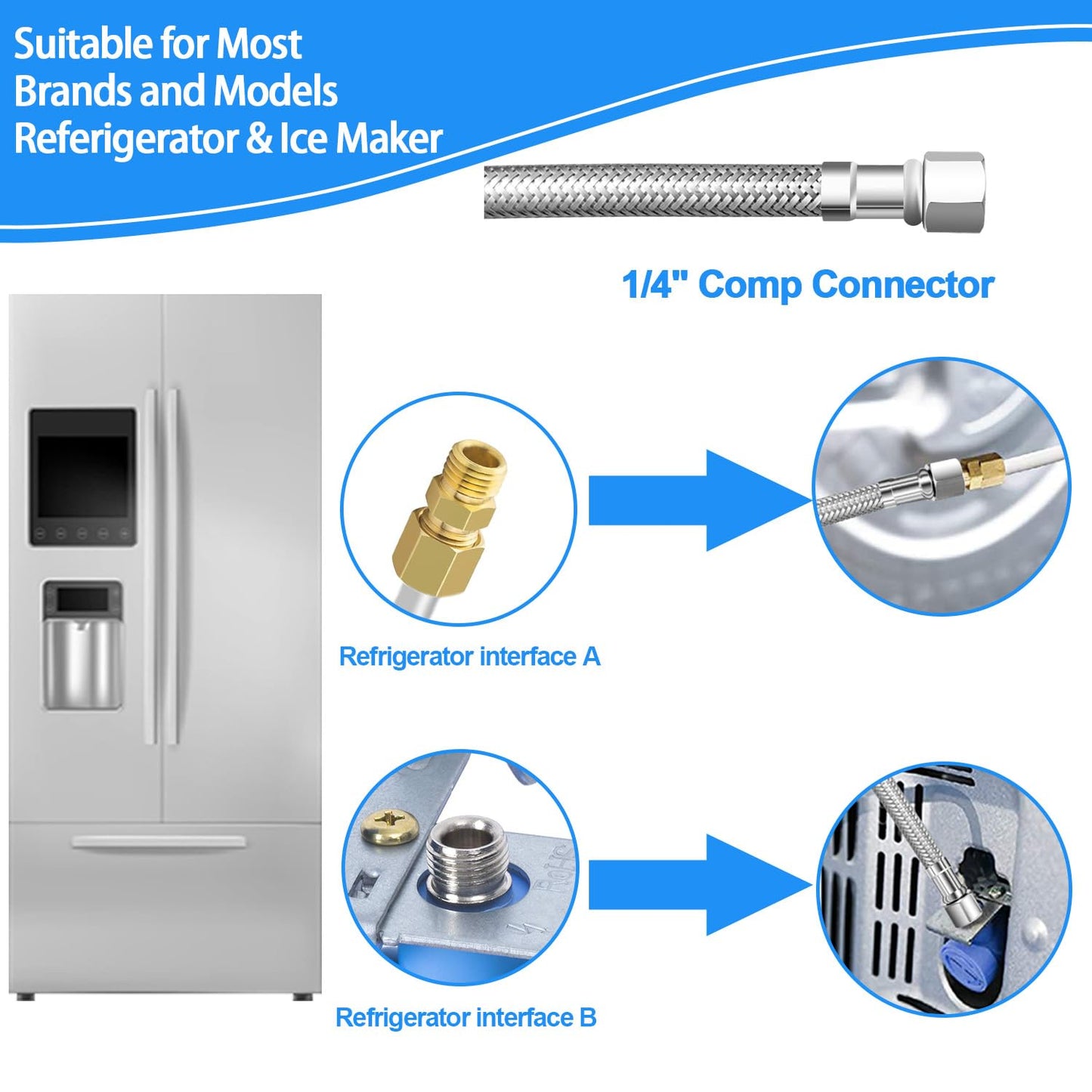 Premium Stainless Steel Braided Refrigerator Water Line - 20FT with Tee Stop Valve, Foodgrade PEX Inner Tube Ice Maker Water Line with 1/4" Fittings