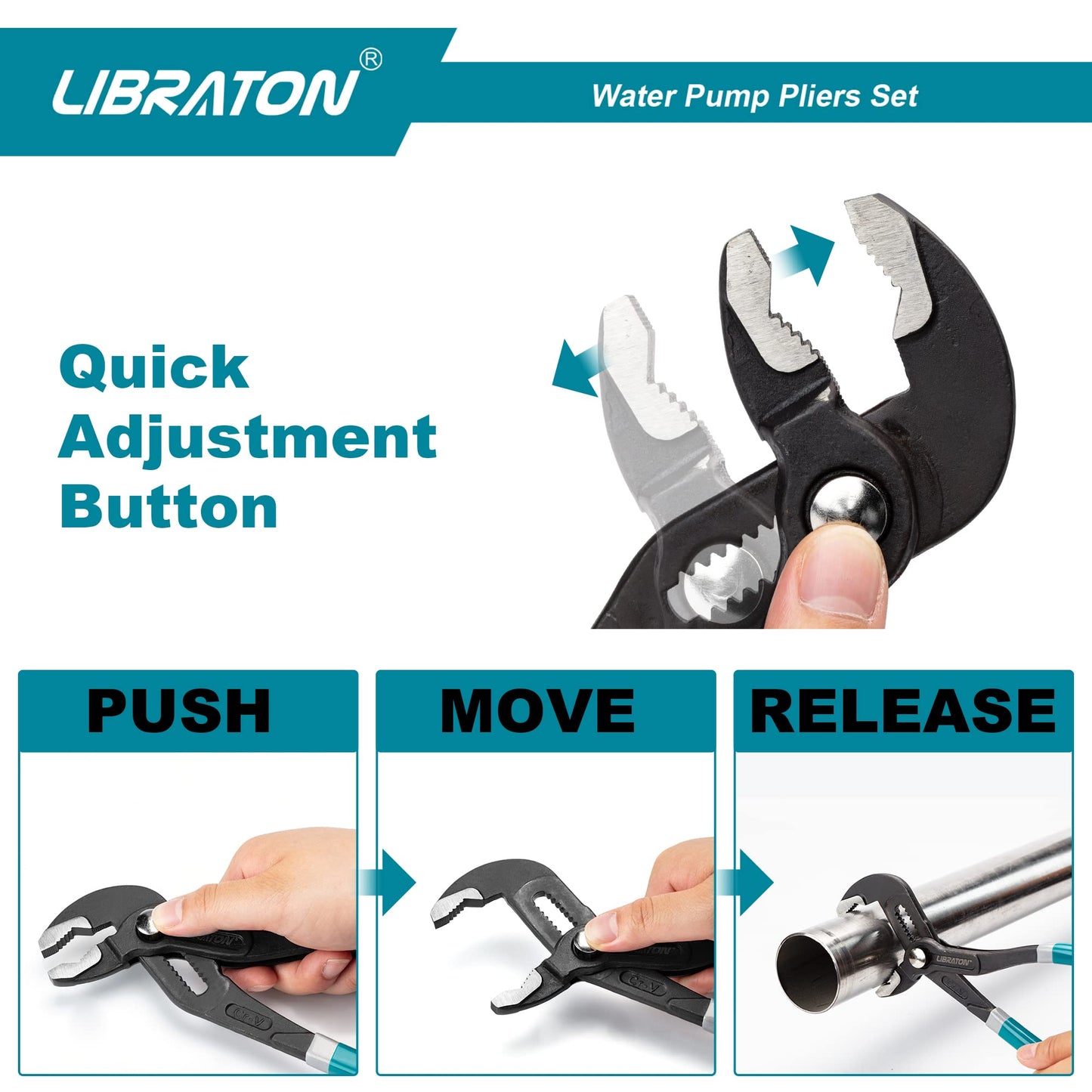 Libraton Water Pump Pliers, Groove Joint Pliers Set, V-Jaw Tongue and Groove Pliers in CR-V Steel, 3PCS Plumbing Pliers, Ratcheting Push Button Adjustment Mechanism