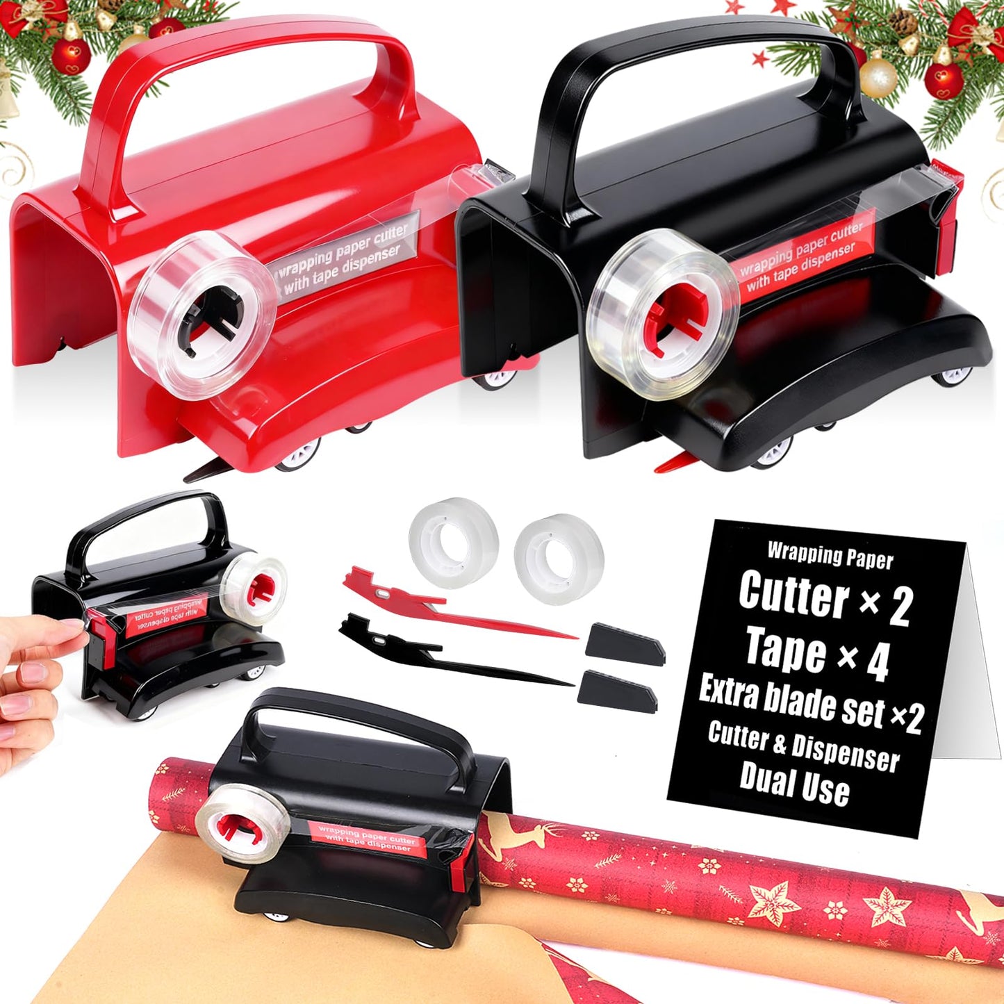 (2-Pack) Wheel Wrapping Paper Cutter & Tape Dispenser Dual Use-4 Tapes,2 Replace Blades-Christmas Gift Wrap Tool, Paper Roll Slicer,Sliding Straight Cut for Birthday Gift Wrap Cutter-Efficient Packag
