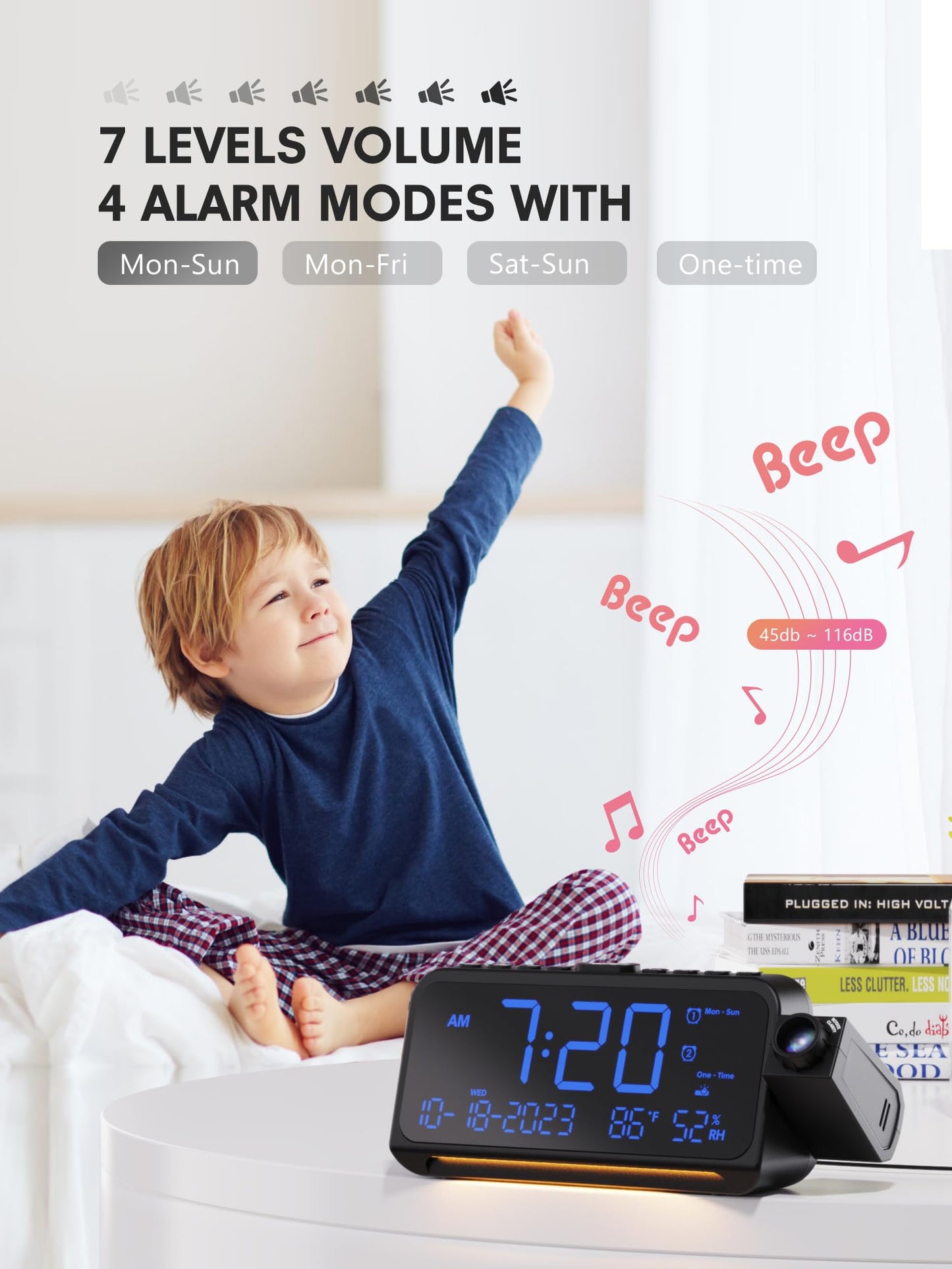 350° Rotatable Projection Alarm Clock, Dual Alarm and Nightlight, Adjustable Brightness and Volume, USB-A & Type-C Charging, 9mins Snooze,12/24H/DST, Digital Calendar Clocks for Bedrooms