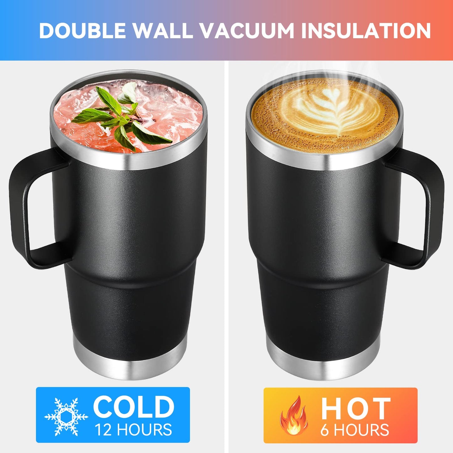 VEGOND 20 oz Tumbler Bulk with Handle Lid and Straw, Stainless Steel Insulated Travel Coffee Mug Set, Spill Proof Double Wall Metal Tumblers Cups, Black 6 Pack