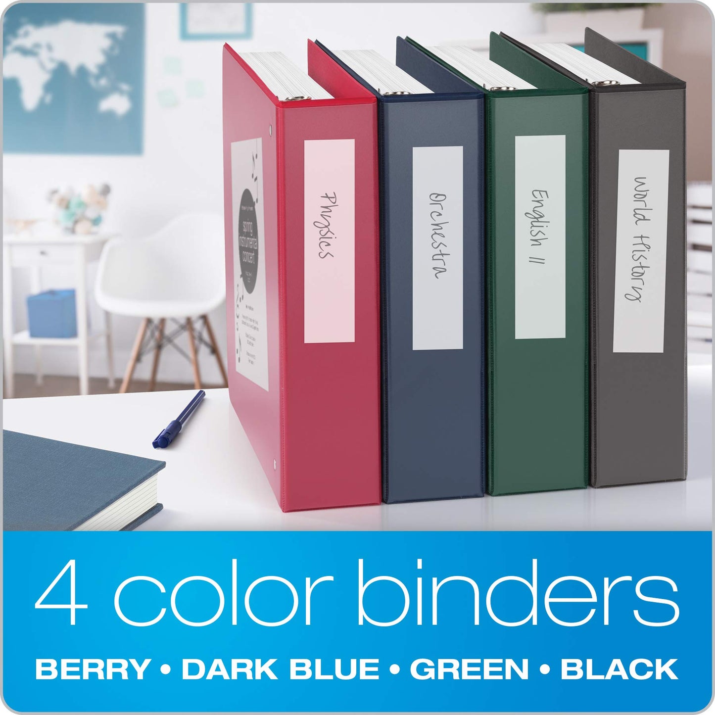 Cardinal 3 Ring Binders, 2 Inch Binder with Round Rings, Holds 475 Sheets, ClearVue Covers, Non-Stick, PVC-Free, Assorted Colors, 4 Pack (29310)